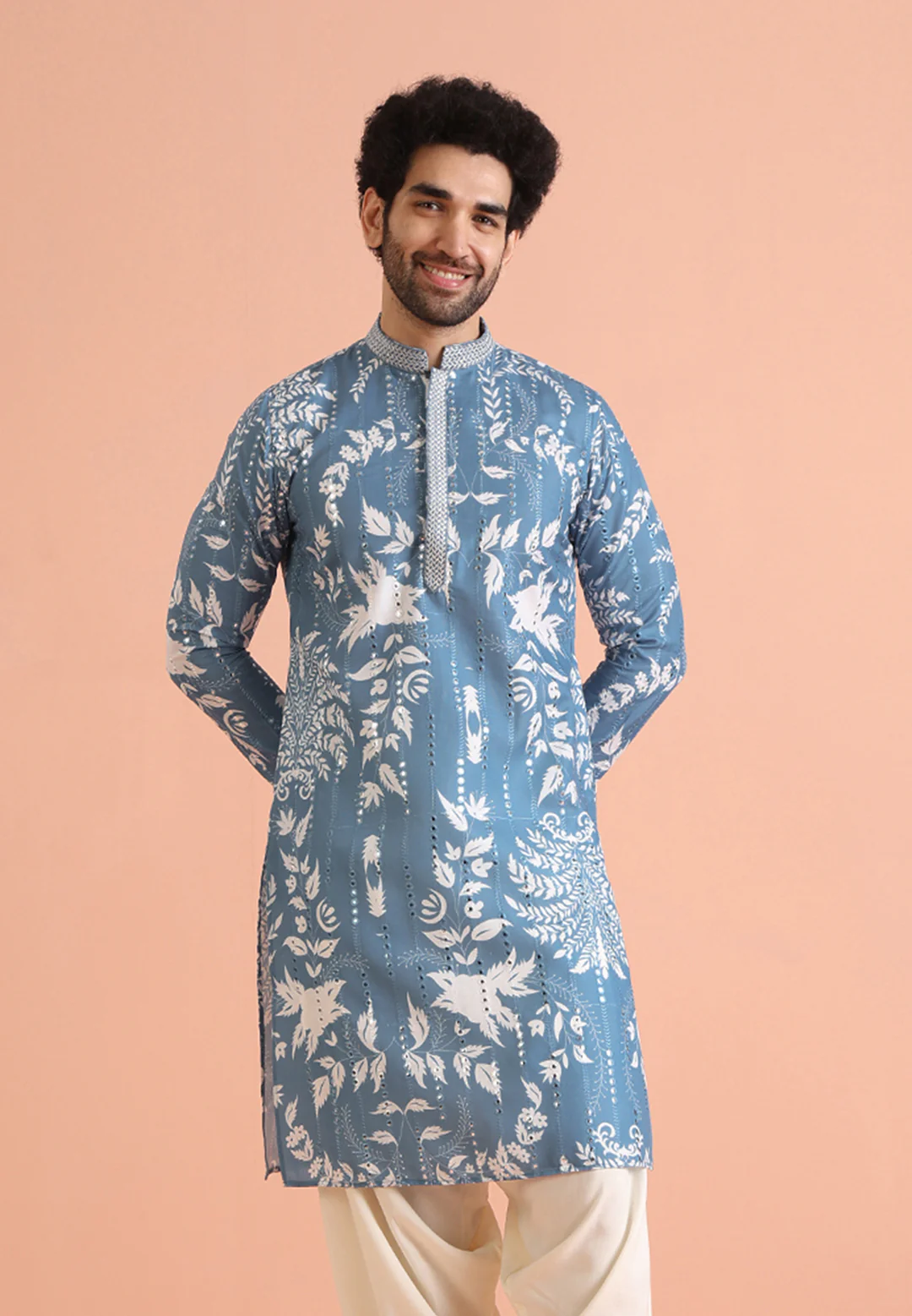 Blue Art Silk Mirror Work Printed Kurta - Image 2