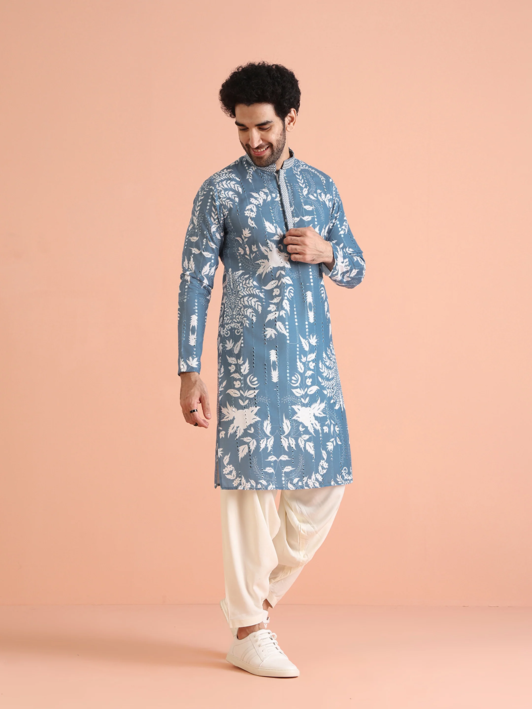 Blue Art Silk Mirror Work Printed Kurta - Image 4