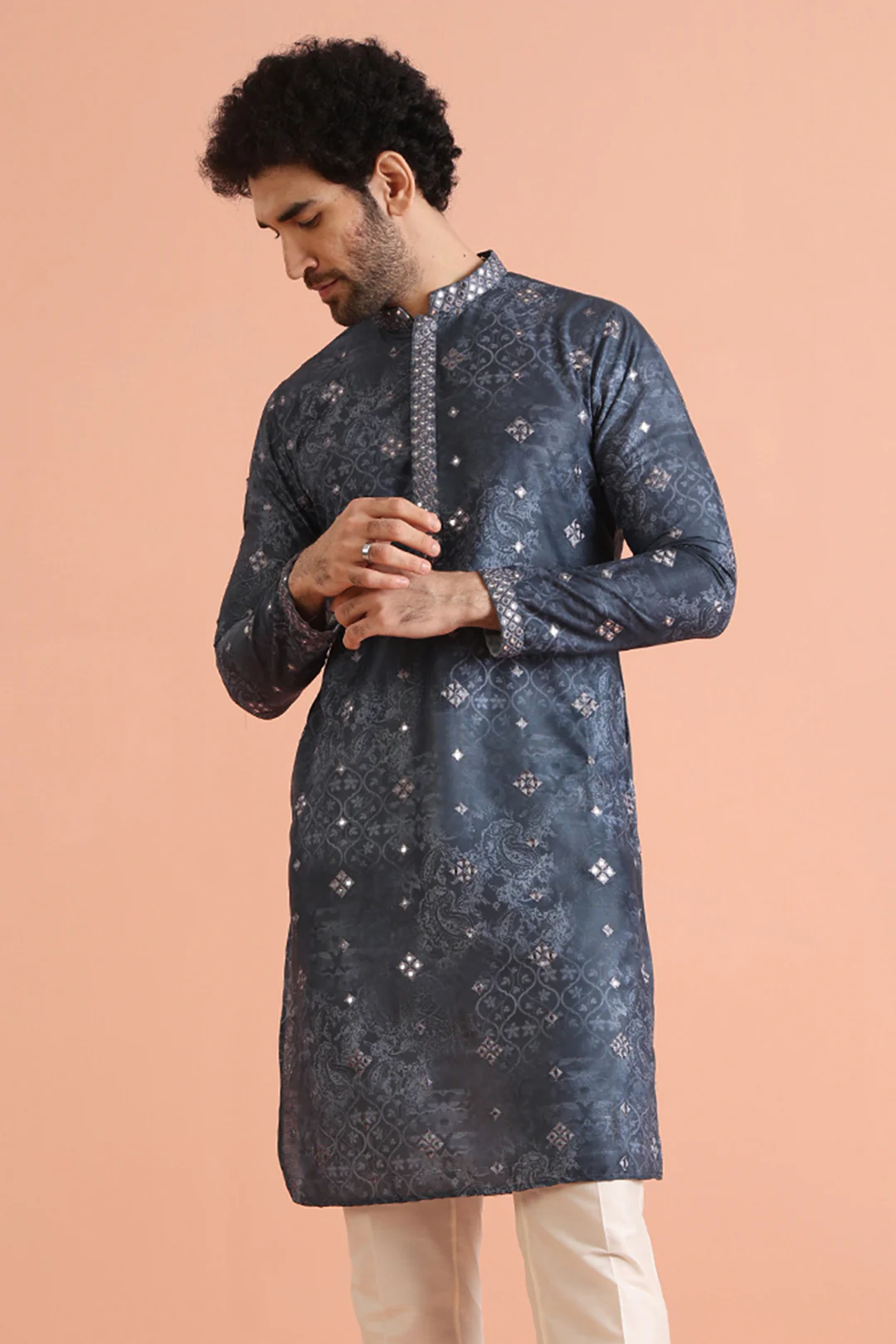 Grey Jacquard Woven Silk Blend Kurta