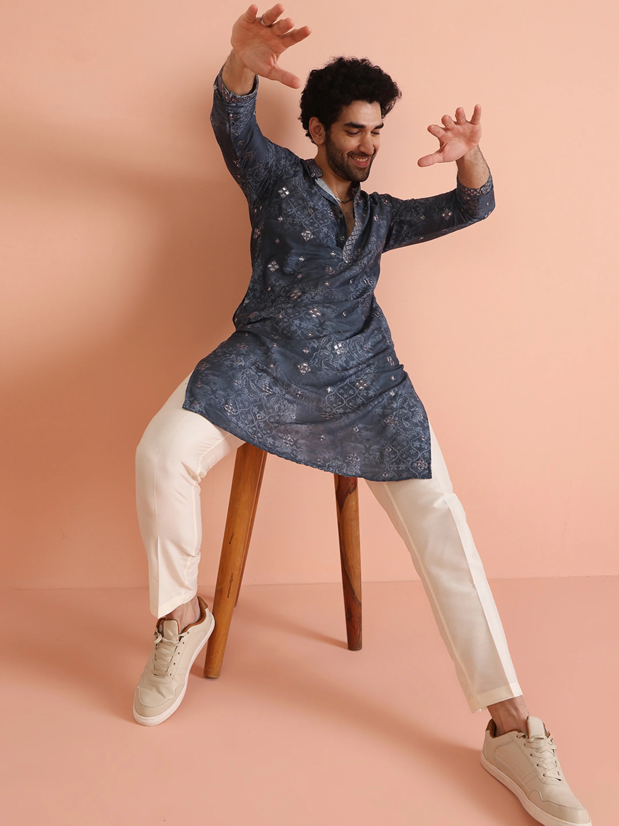 Grey Jacquard Woven Silk Blend Kurta - Image 6
