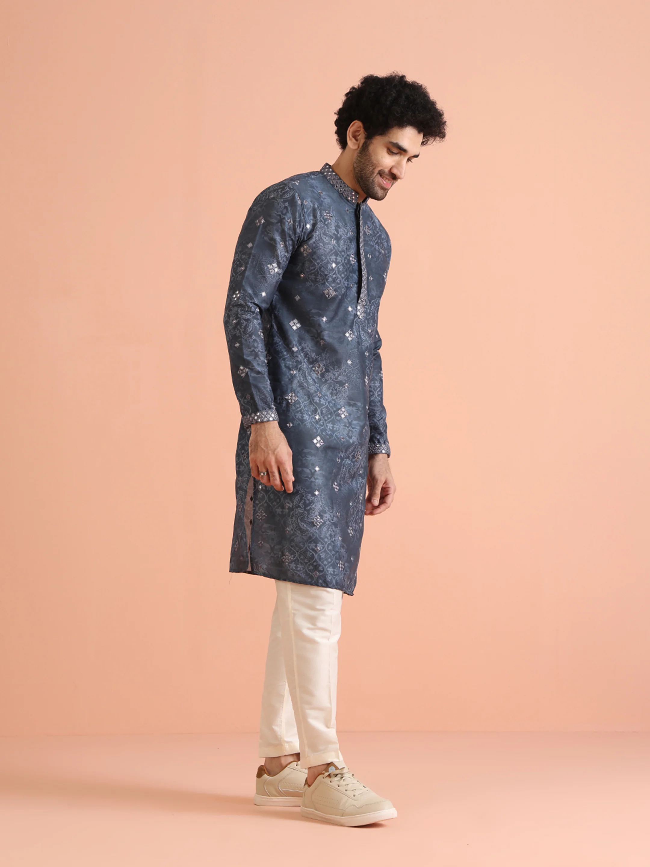 Grey Mirror Work Kurta Cream Trouser Set - Image 3