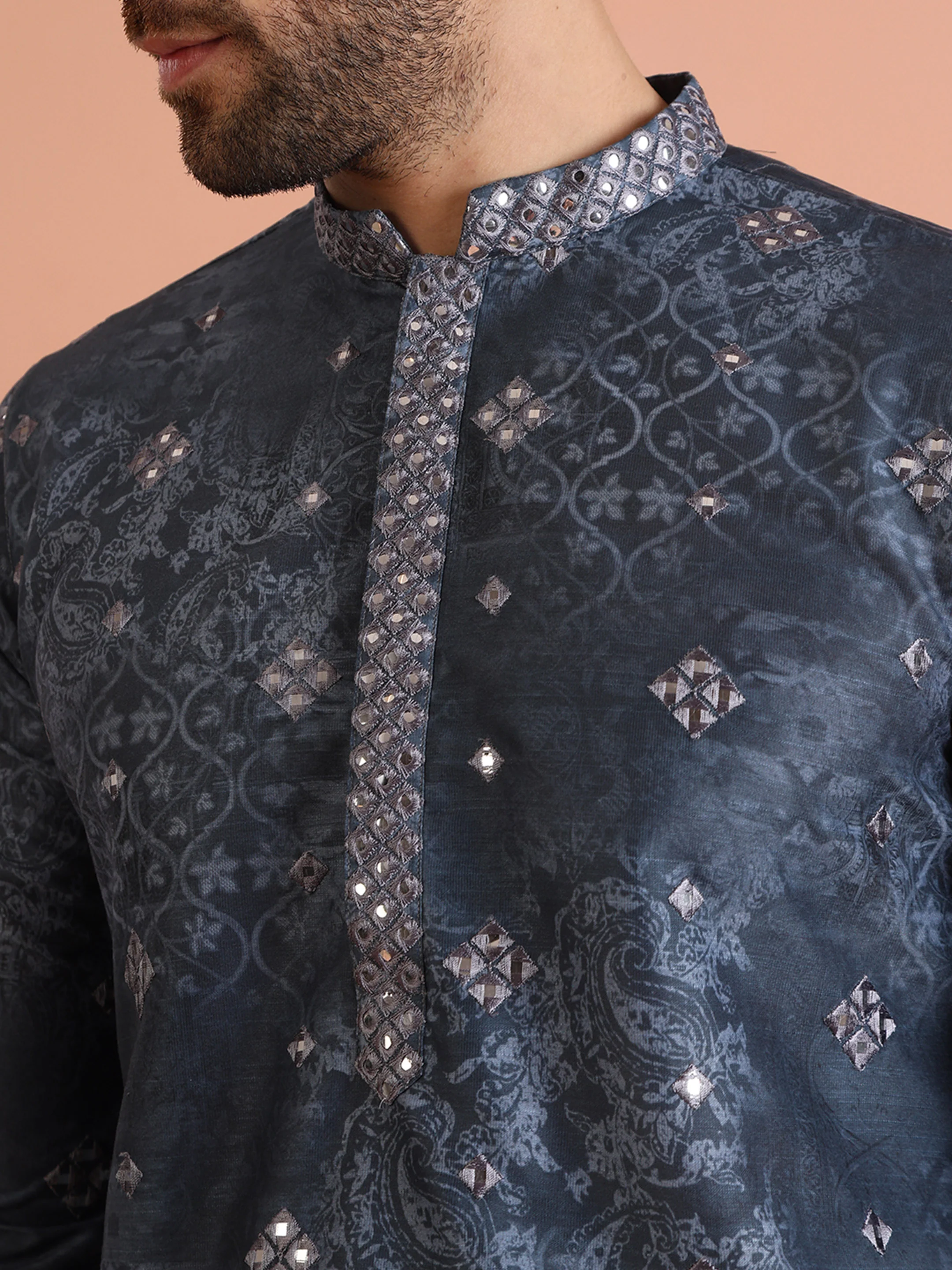Grey Mirror Work Kurta Cream Trouser Set - Image 6