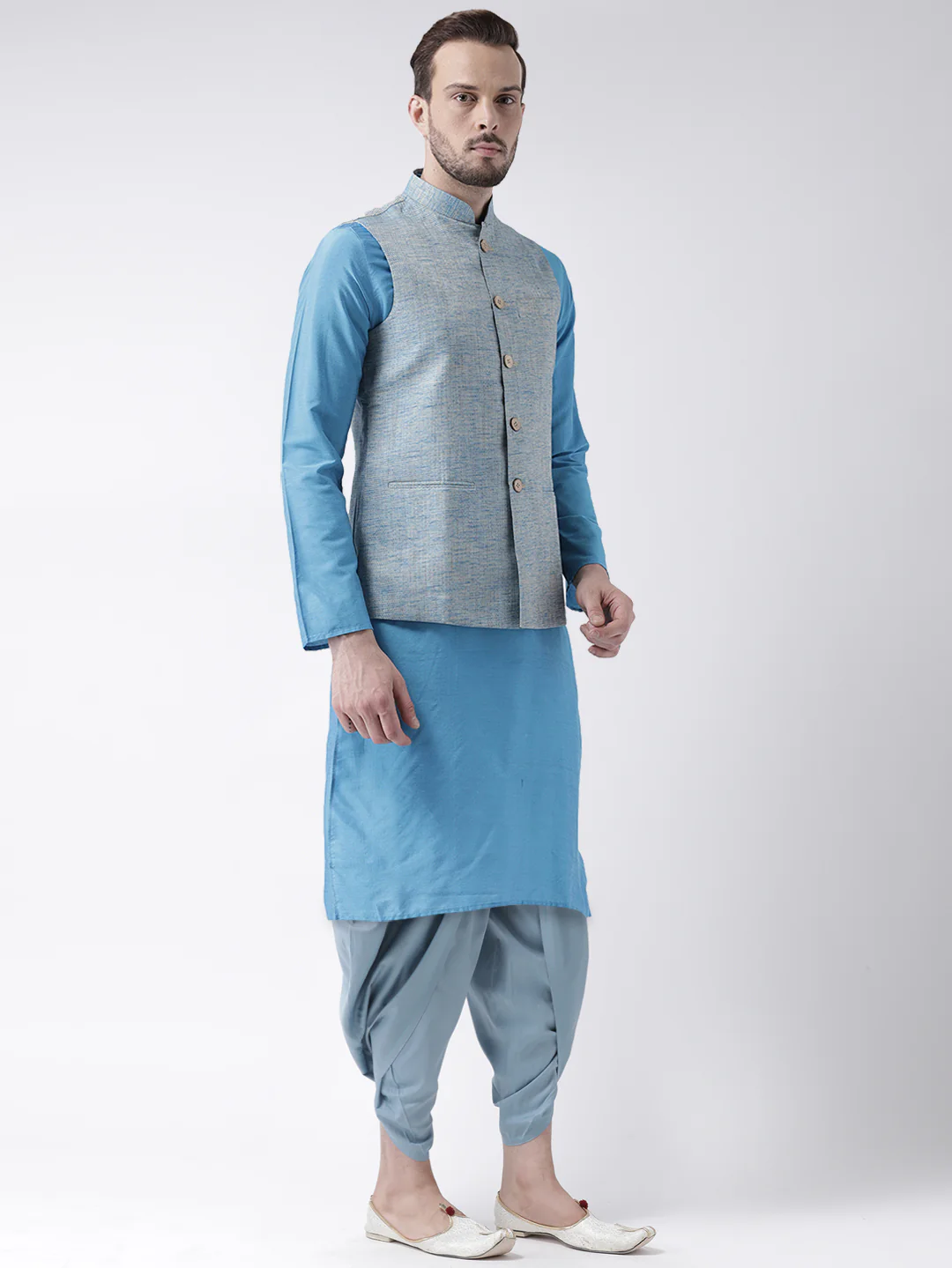 Men Blue Solid Nehru Jacket - Image 2
