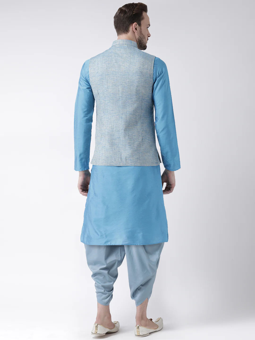 Men Blue Solid Nehru Jacket - Image 4