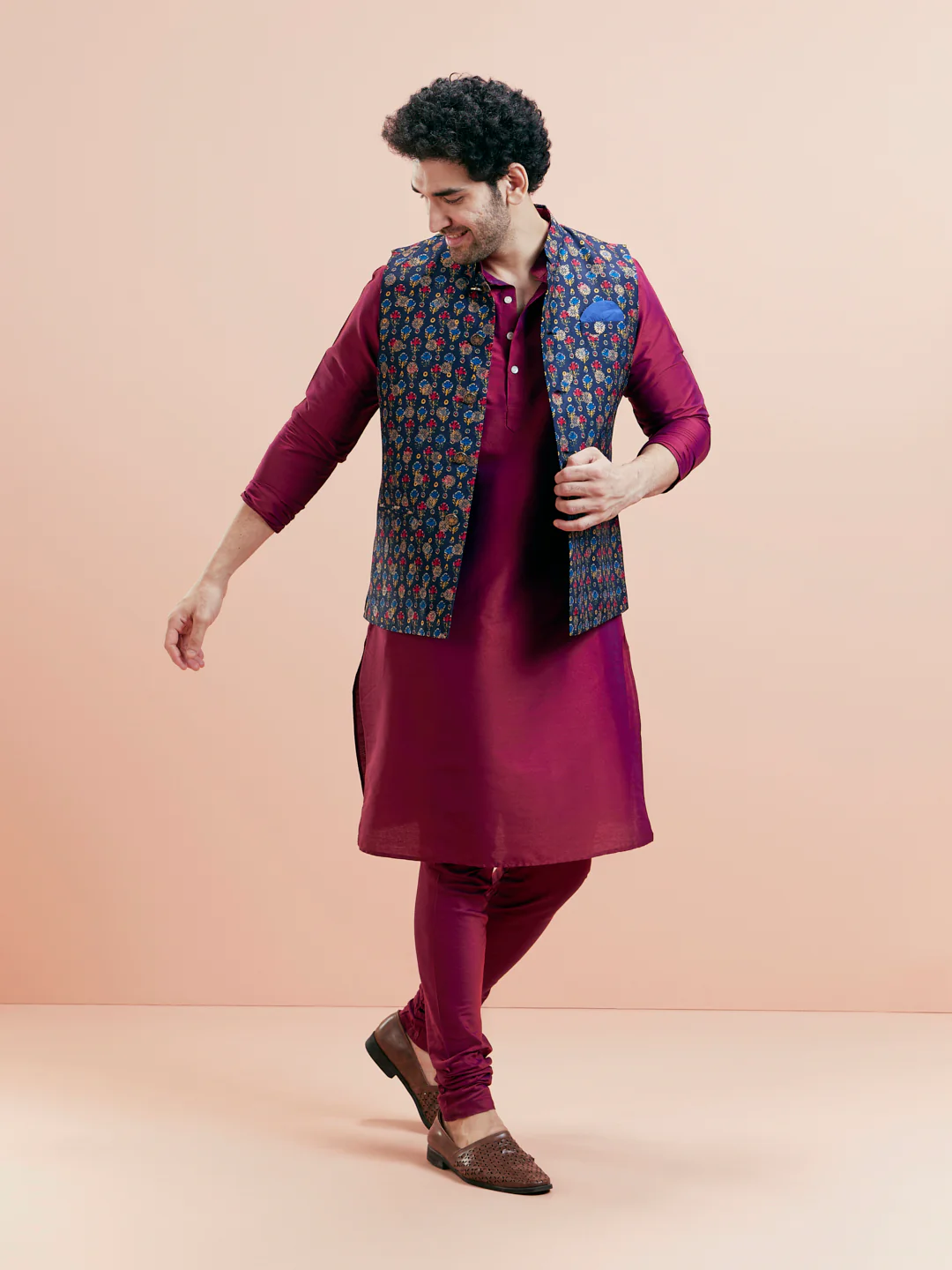 Navy Blue Cotton Silk Floral Nehru Jacket