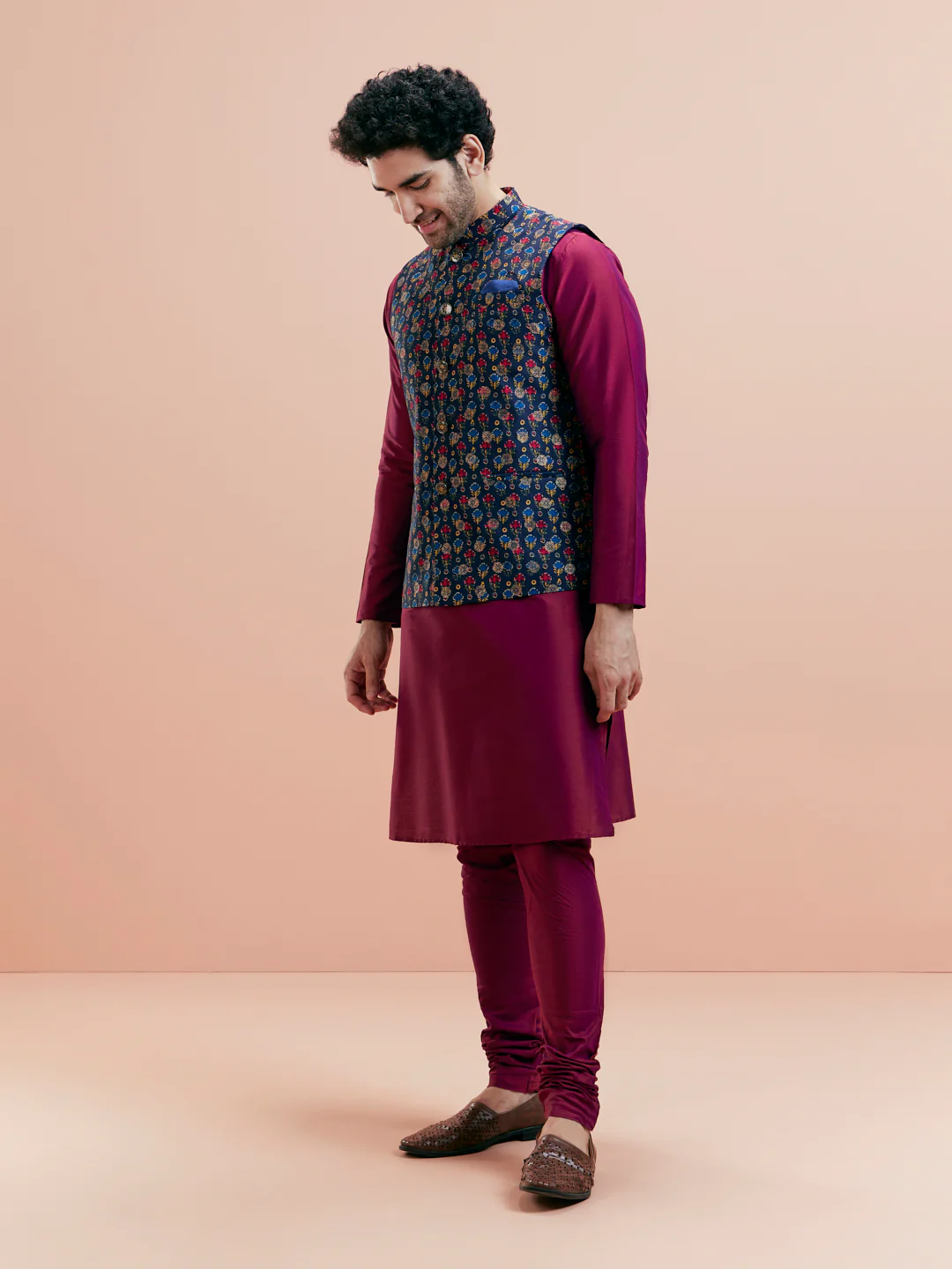 Navy Blue Cotton Silk Floral Nehru Jacket - Image 3