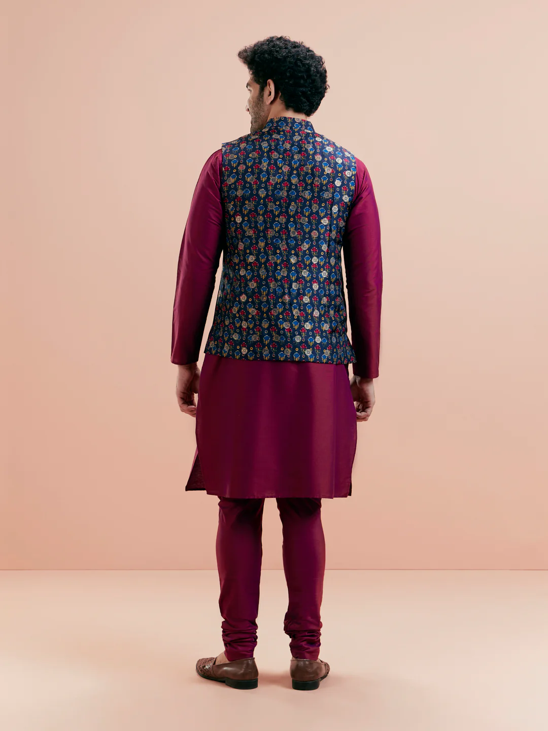 Navy Blue Cotton Silk Floral Nehru Jacket - Image 5