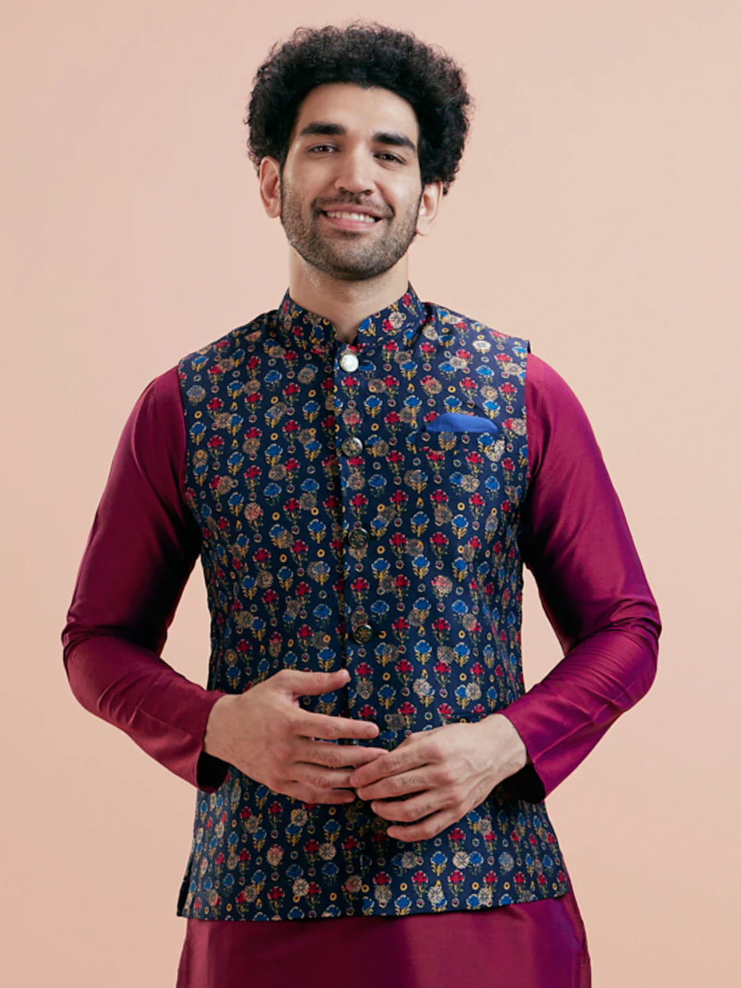 Navy Blue Cotton Silk Floral Nehru Jacket - Image 6