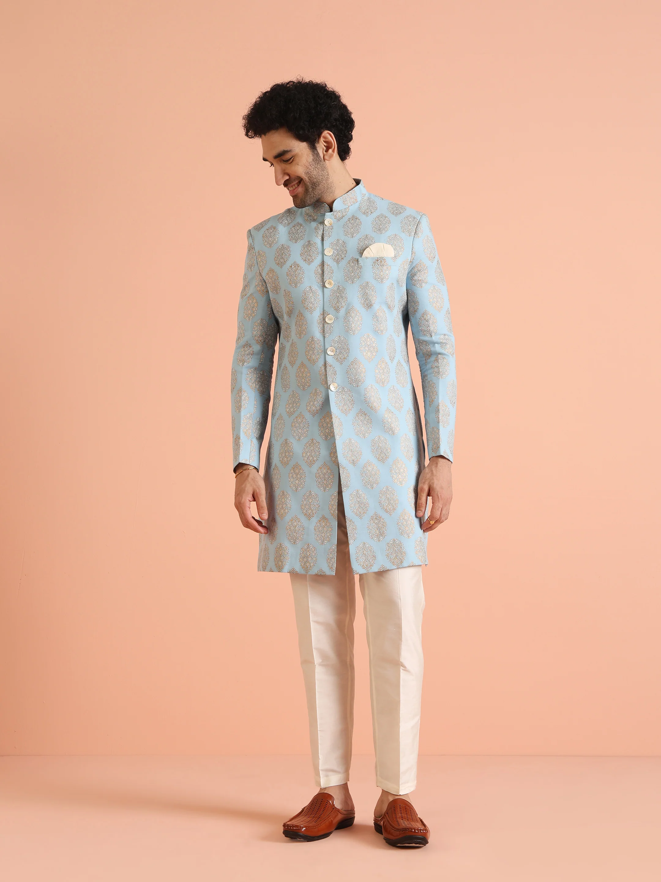 Light Blue Jacquard Sherwani with Cream Trouser