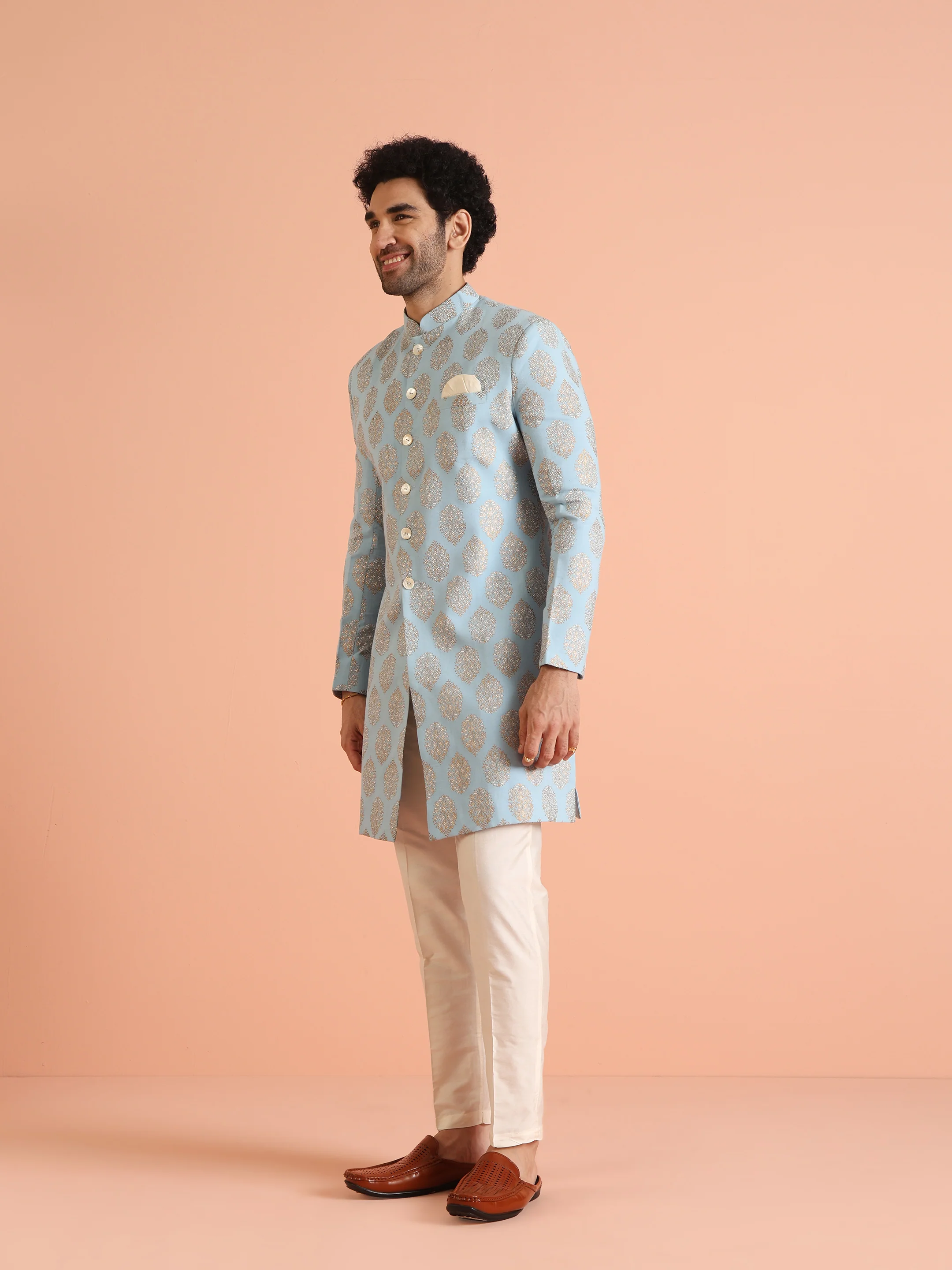 Light Blue Jacquard Sherwani with Cream Trouser - Image 2