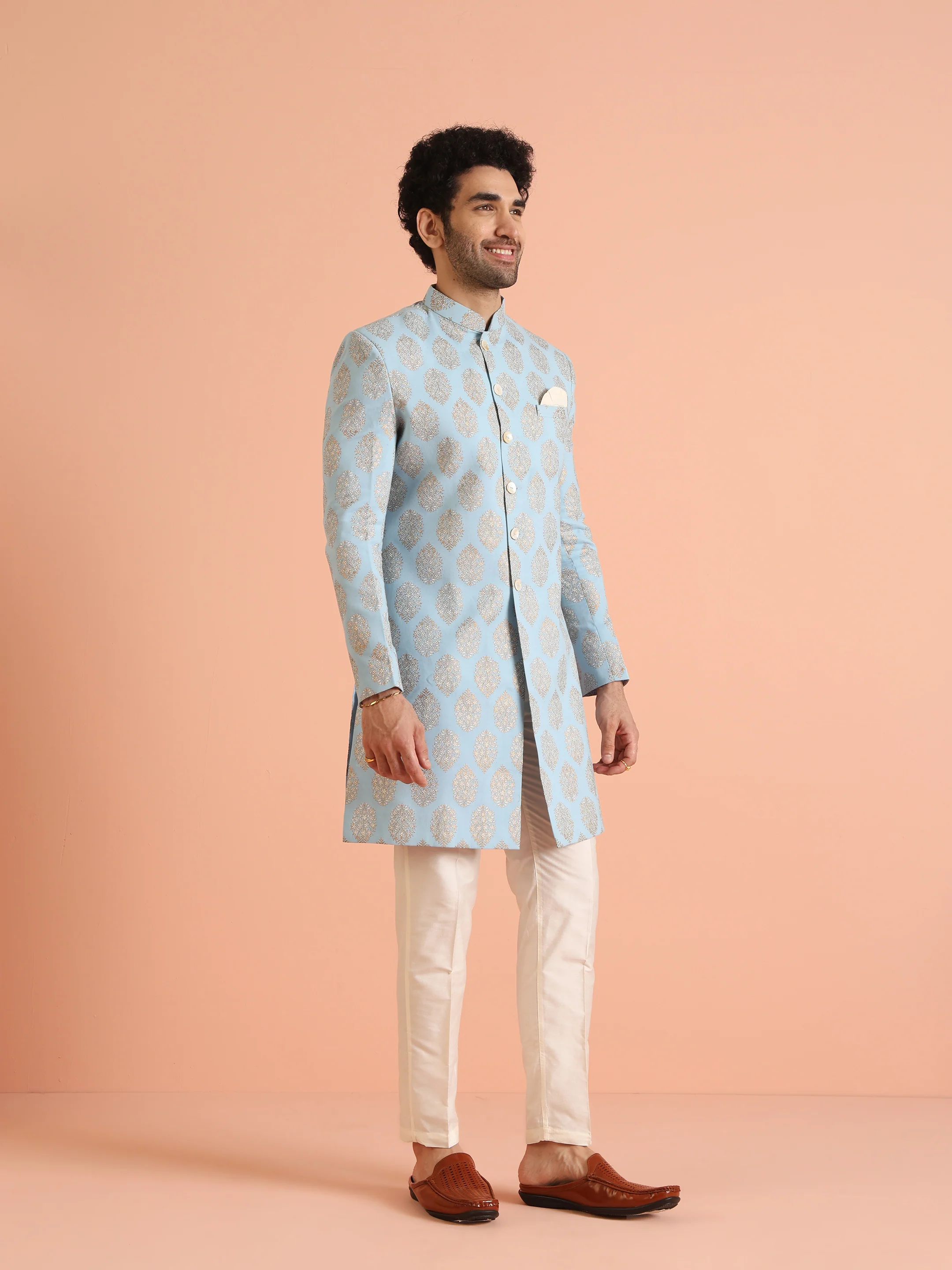 Light Blue Jacquard Sherwani with Cream Trouser - Image 3