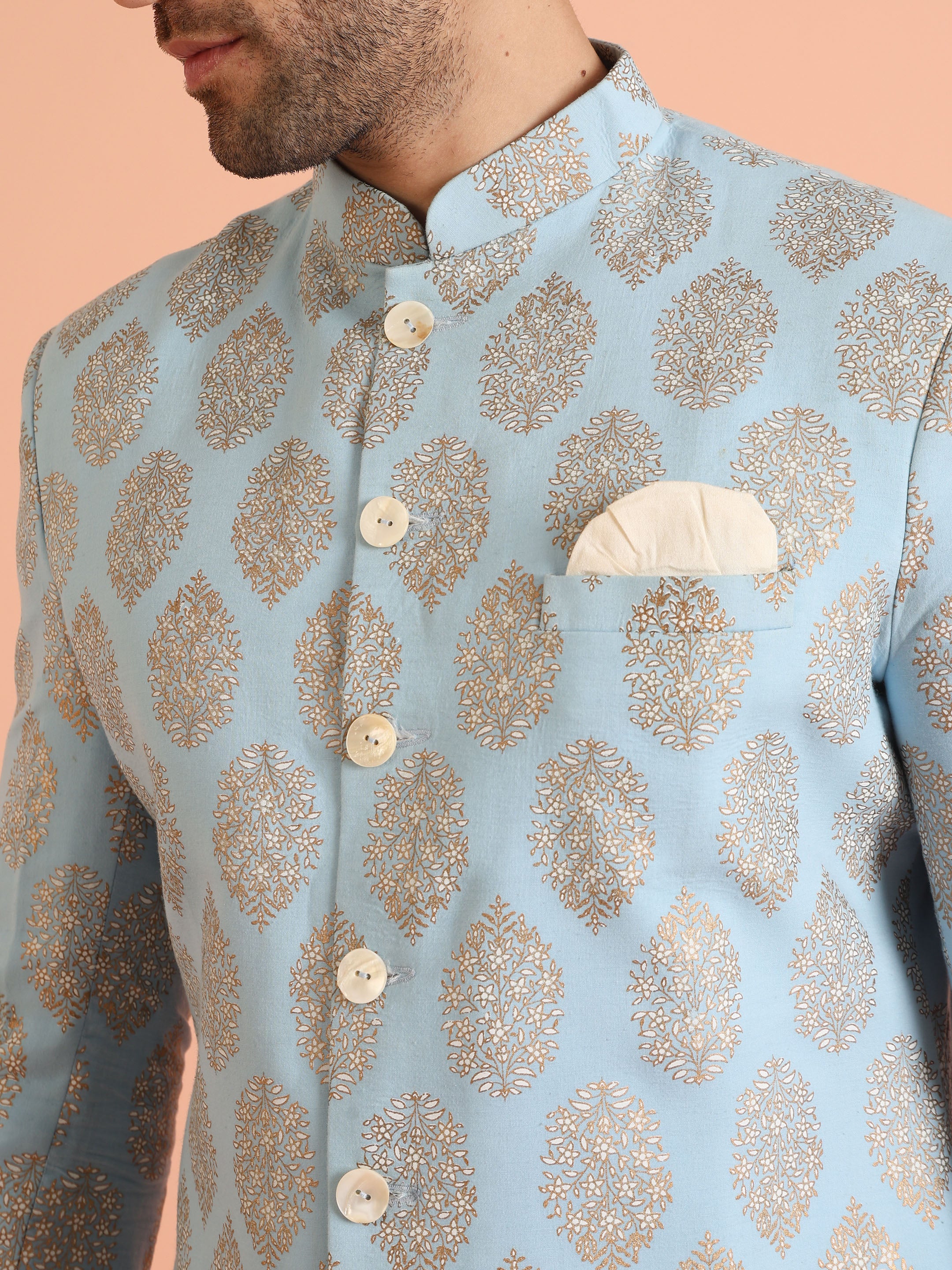 Light Blue Jacquard Sherwani with Cream Trouser - Image 5