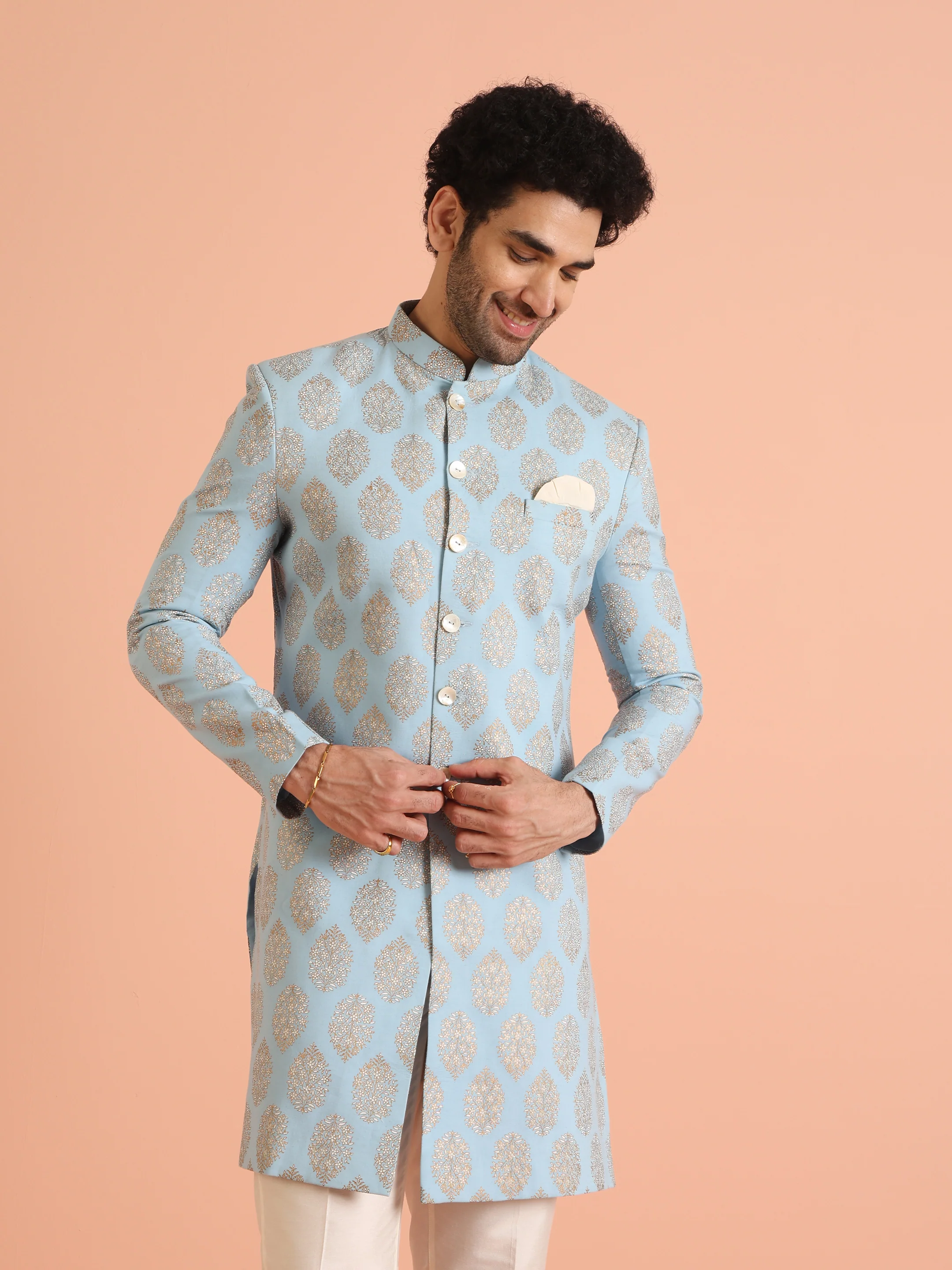 Light Blue Jacquard Sherwani with Cream Trouser - Image 7