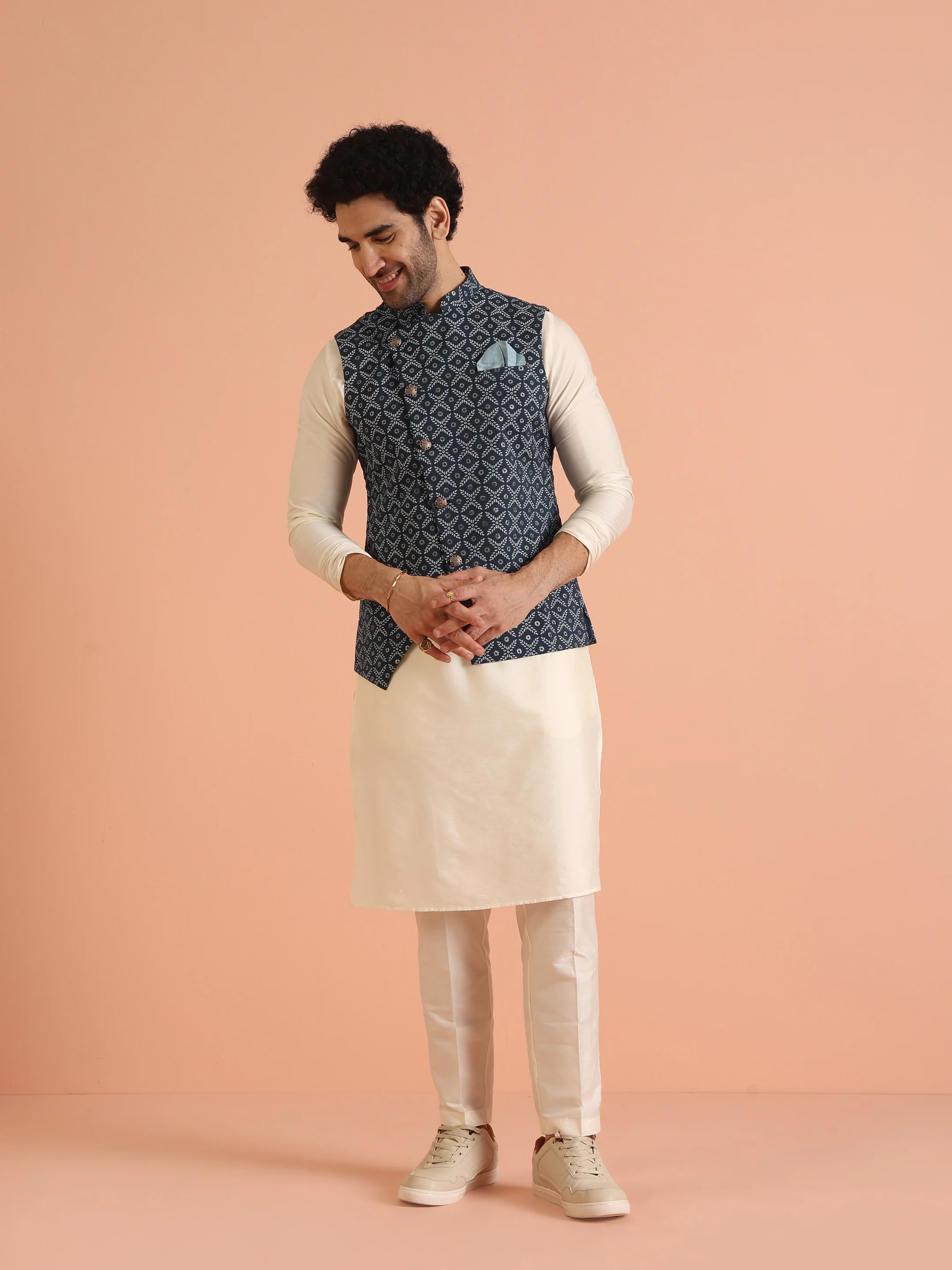 Blue Printed Cotton Nehru Jacket Kurta Trouser Set - Image 2