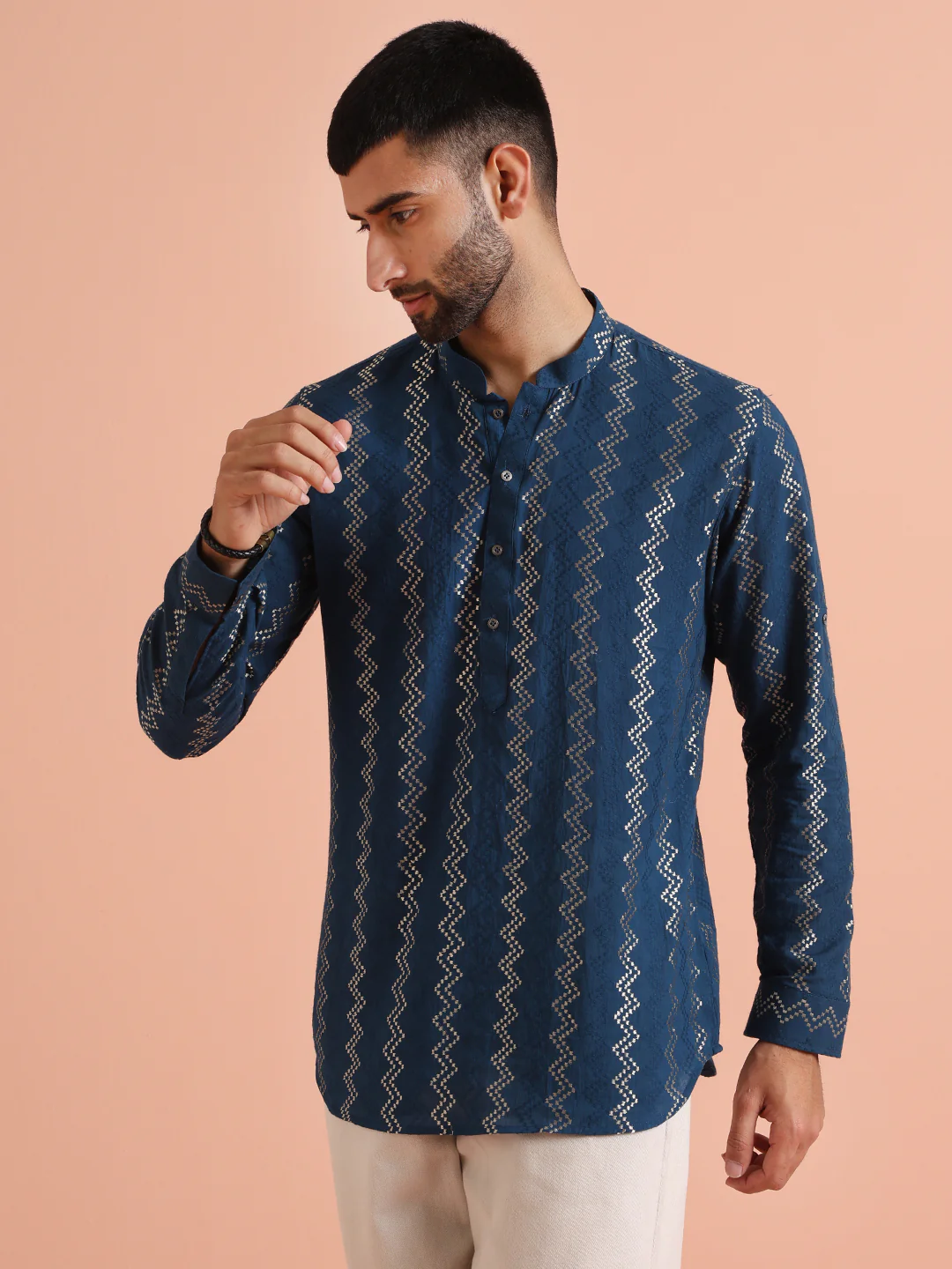 Blue Cotton Metallic Short Kurta
