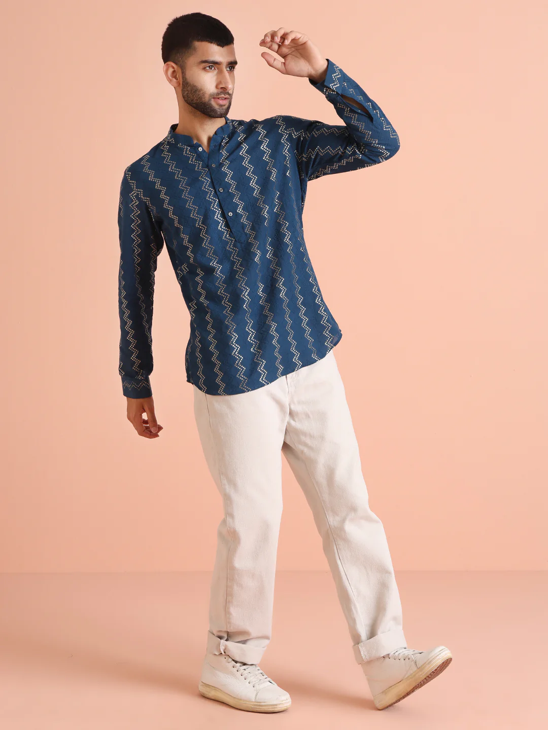 Blue Cotton Metallic Short Kurta - Image 4