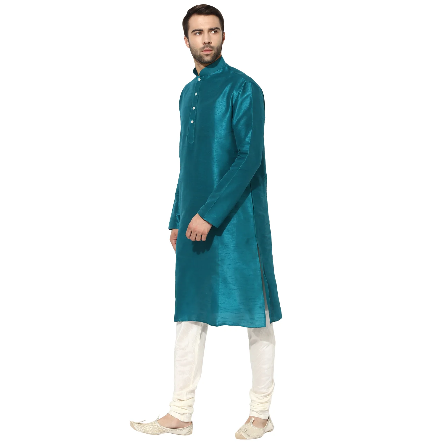 Men Blue Solid Dyed Ethnic Motifs Kurta Churidar Set - Image 3