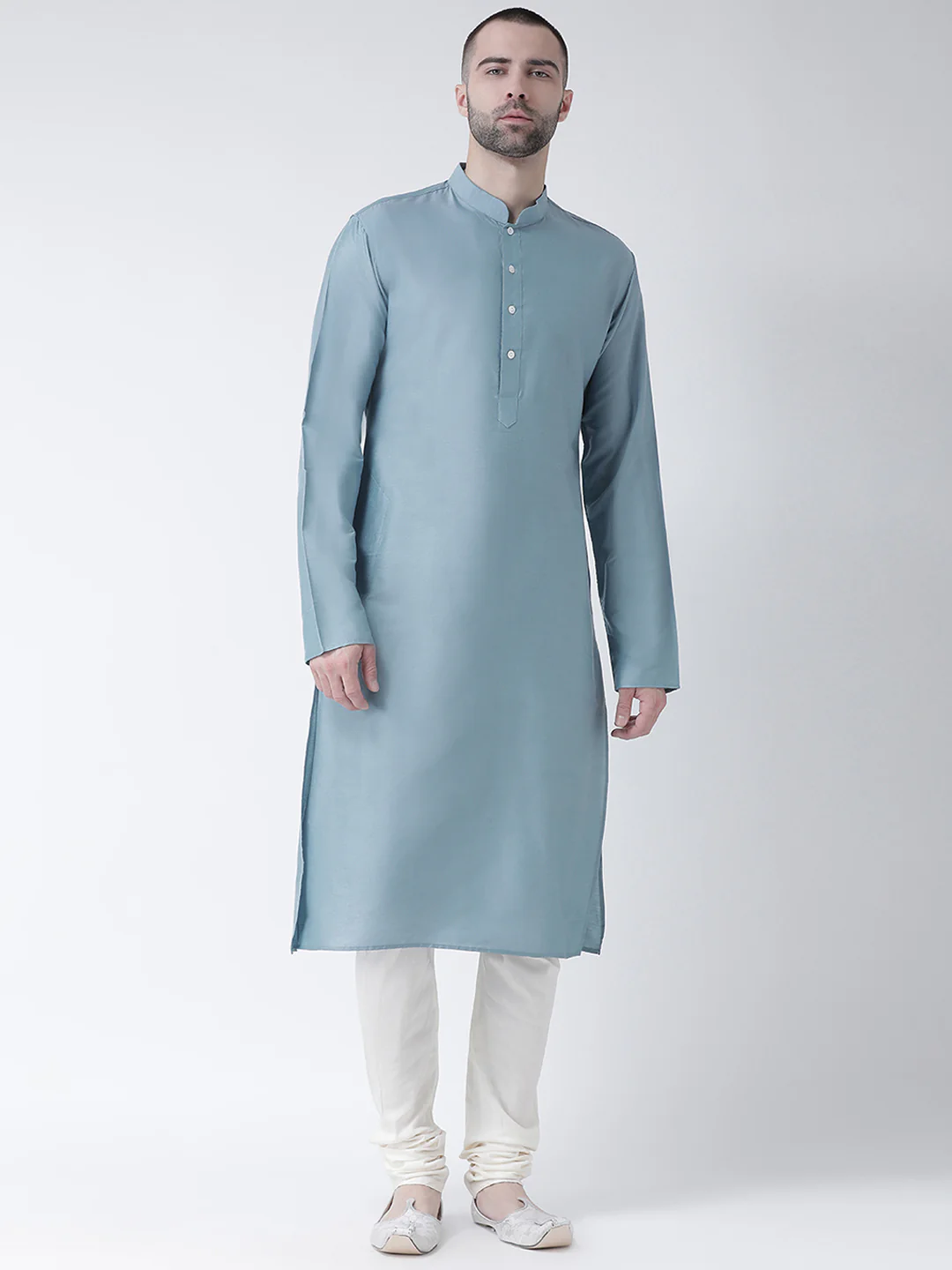 Men Blue Solid Dyed Kurta Churidar Set