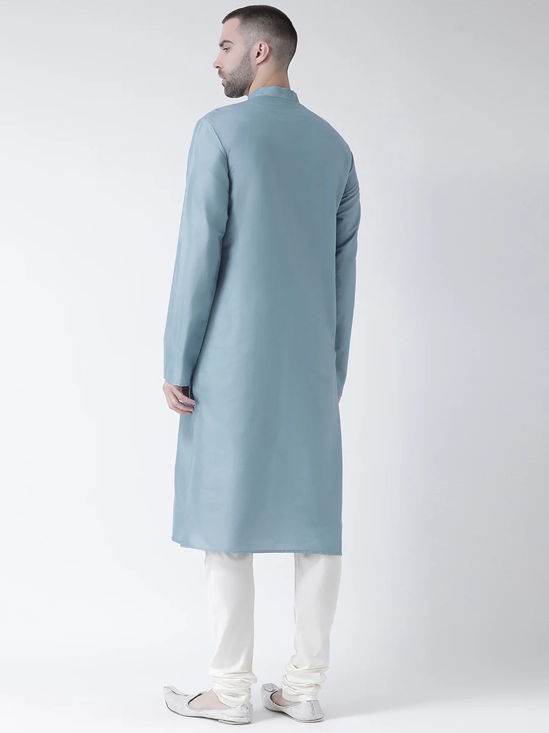 Men Blue Solid Dyed Kurta Churidar Set - Image 3
