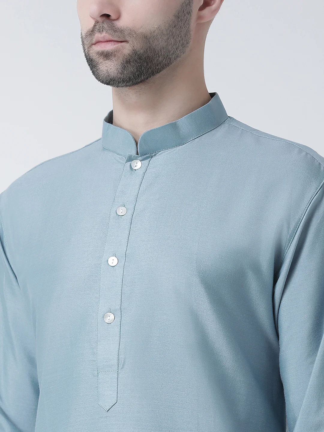 Men Blue Solid Dyed Kurta Churidar Set - Image 4