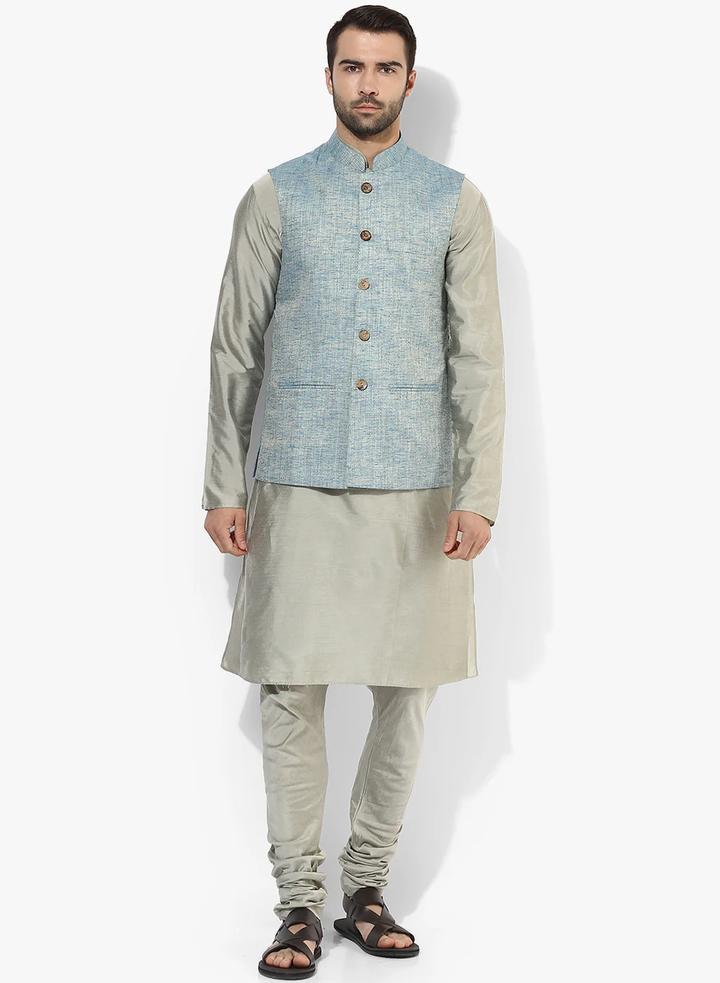 Men Blue Solid Dyed Kurta Jacket Churidar Set