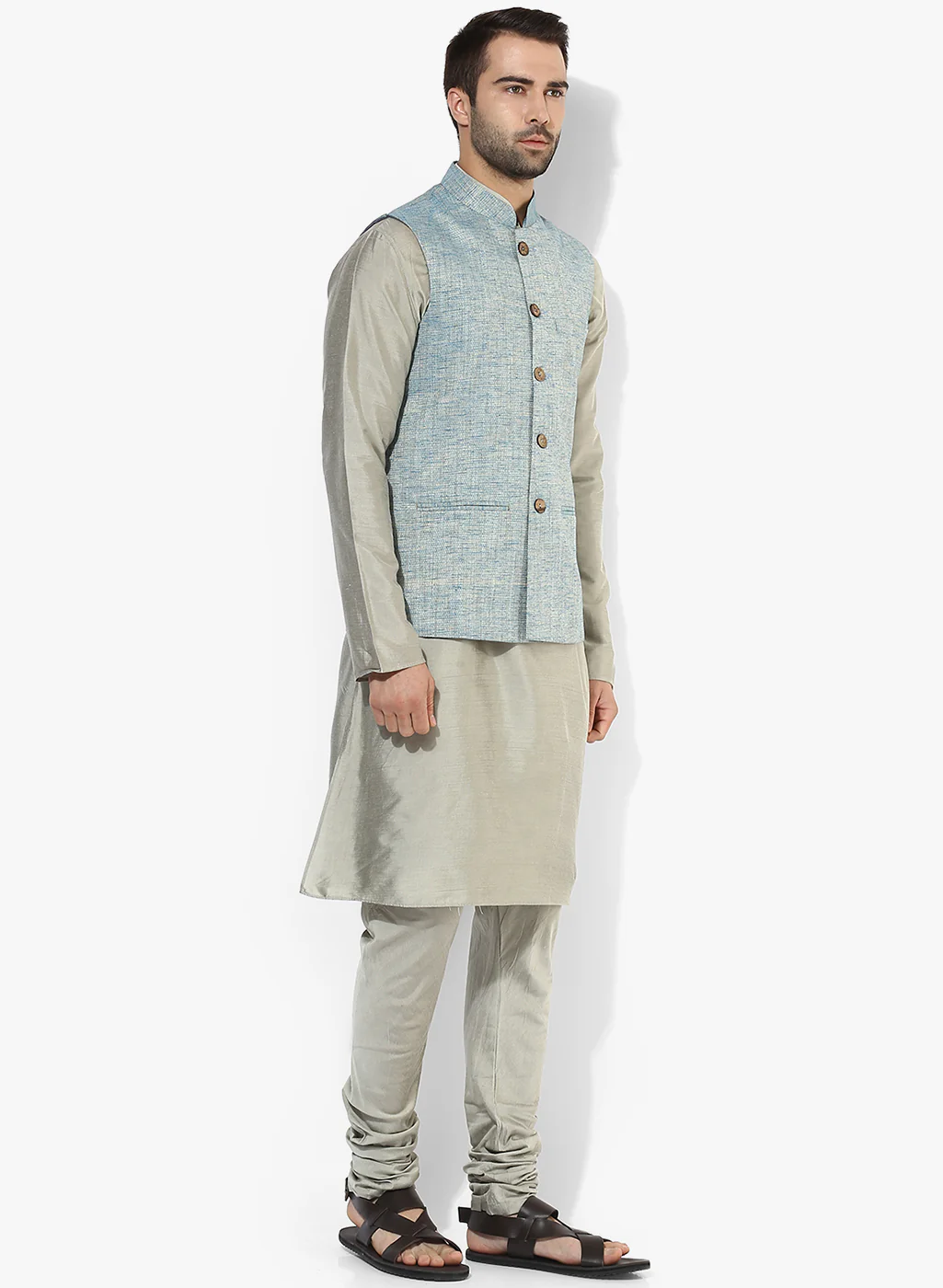 Men Blue Solid Dyed Kurta Jacket Churidar Set - Image 2