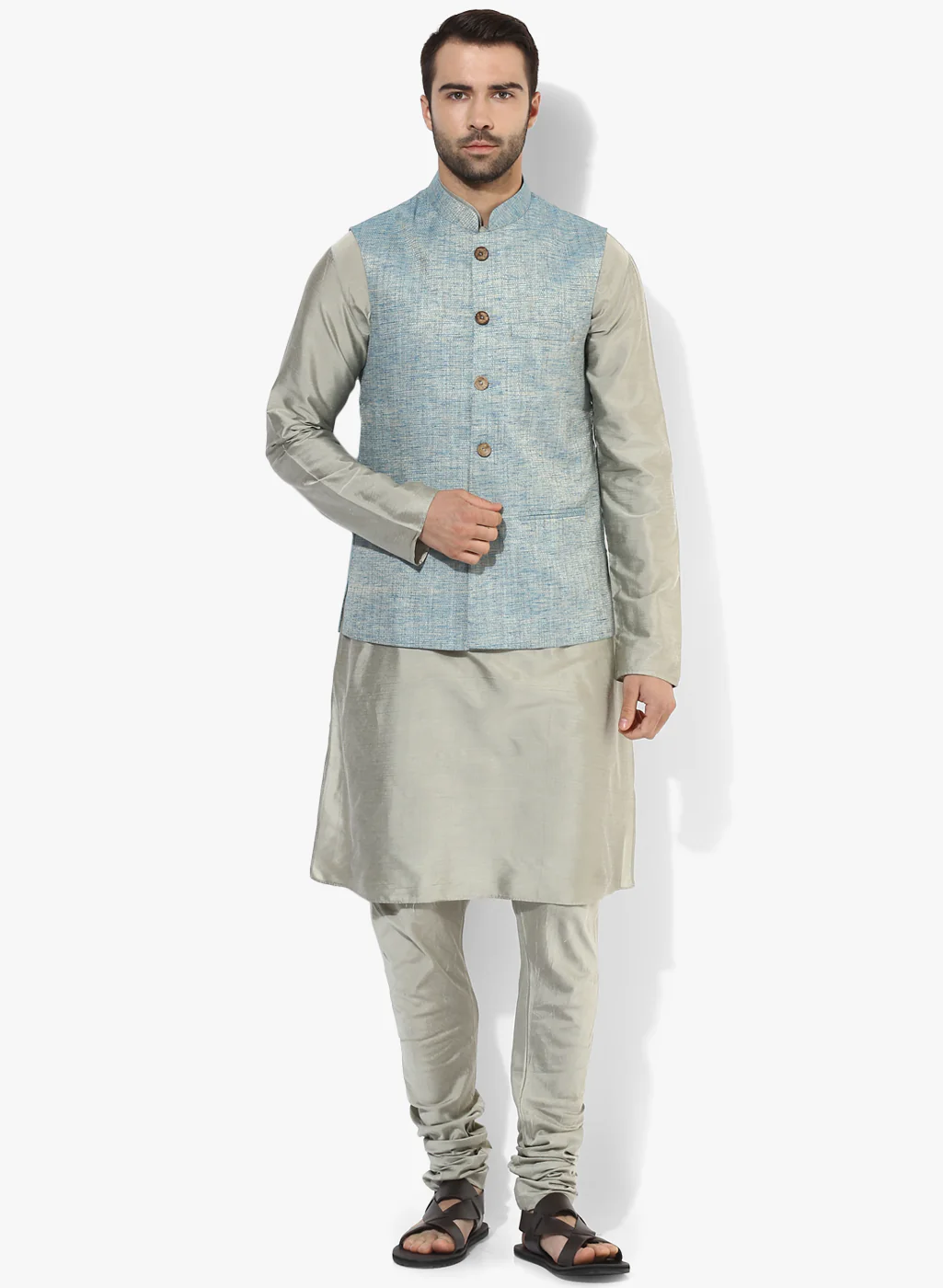 Men Blue Solid Dyed Kurta Jacket Churidar Set - Image 7
