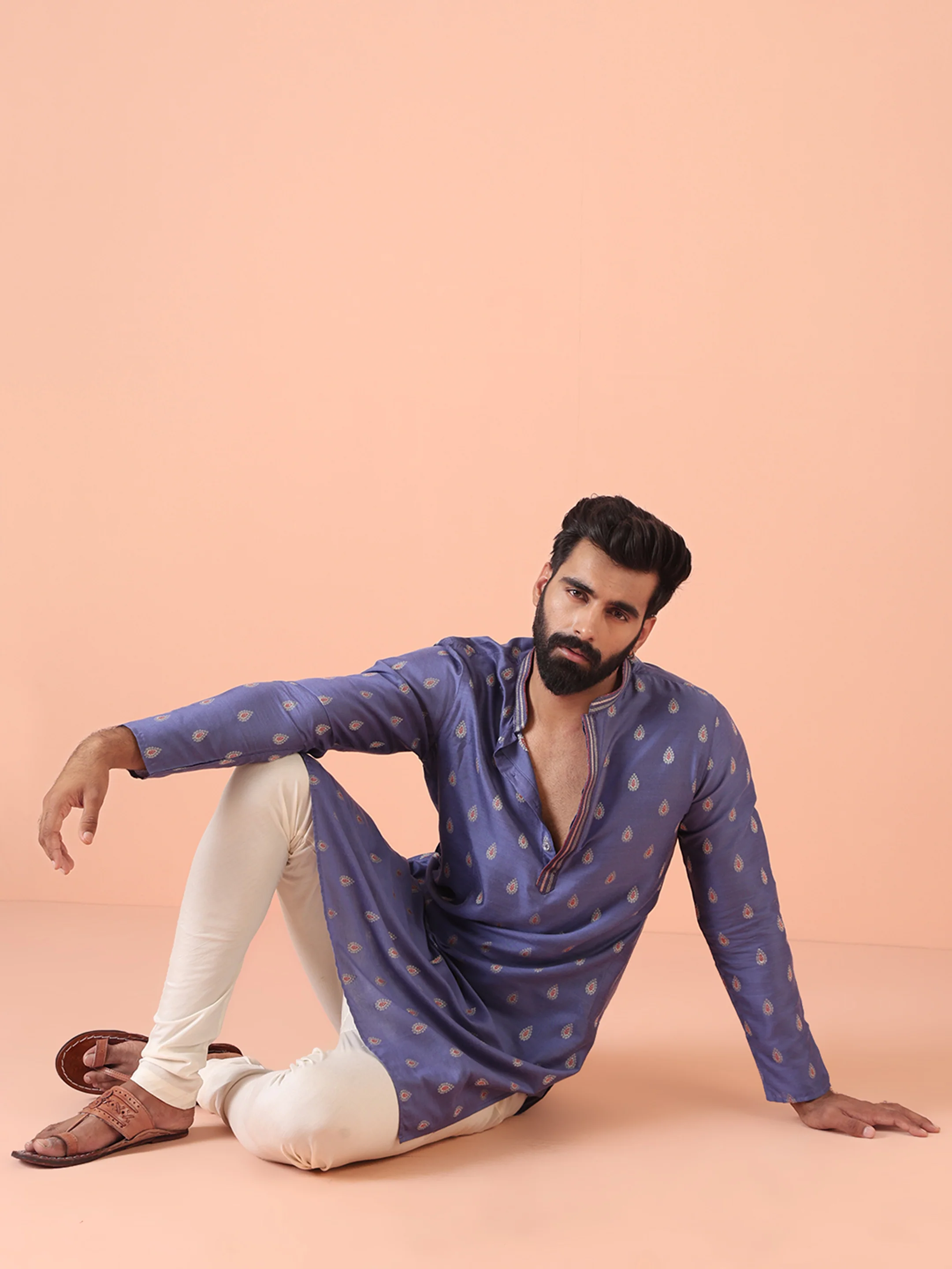Men Blue Woven Design Kurta Churidar Set - Image 2