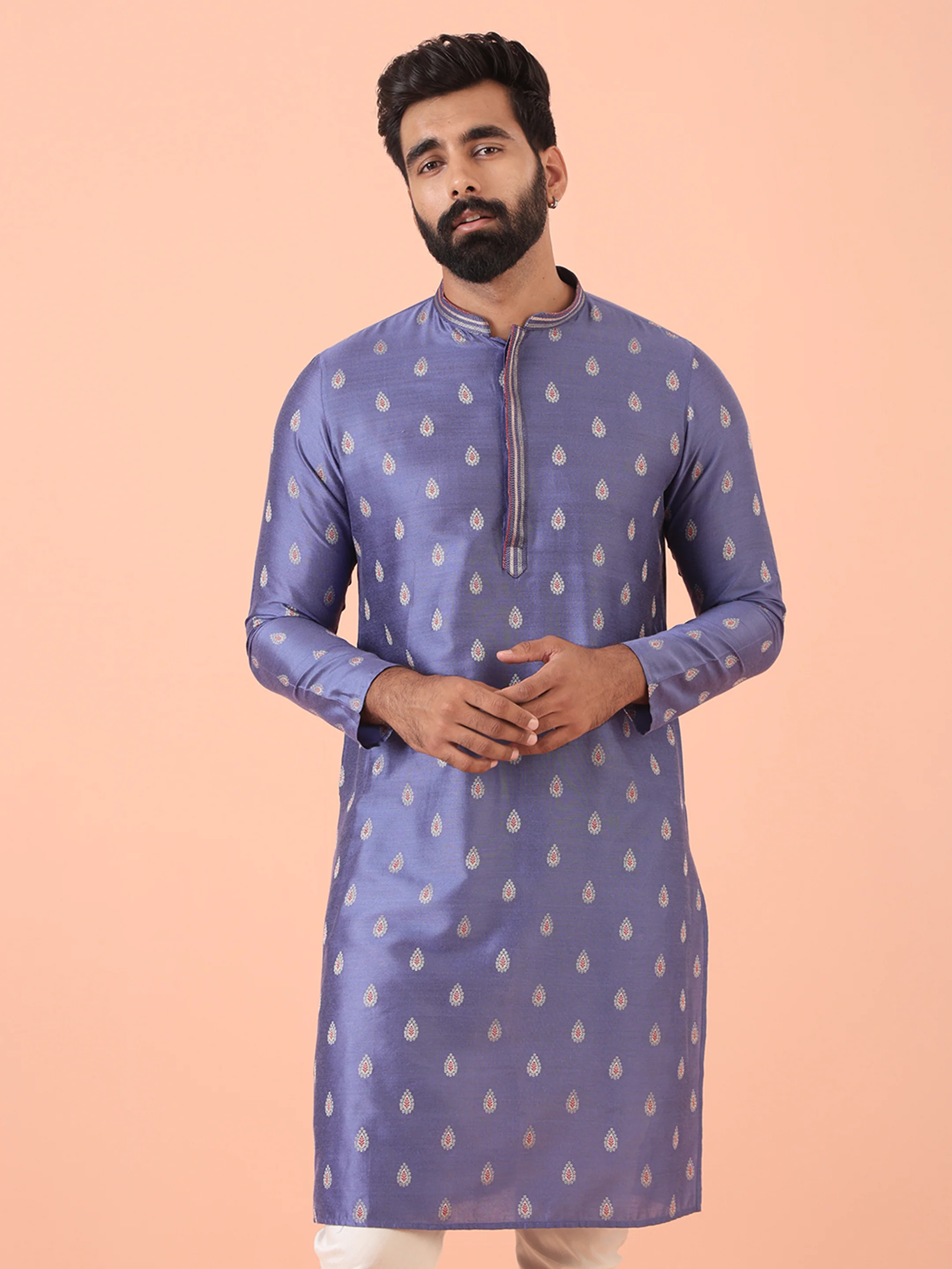 Men Blue Woven Design Kurta Churidar Set - Image 9