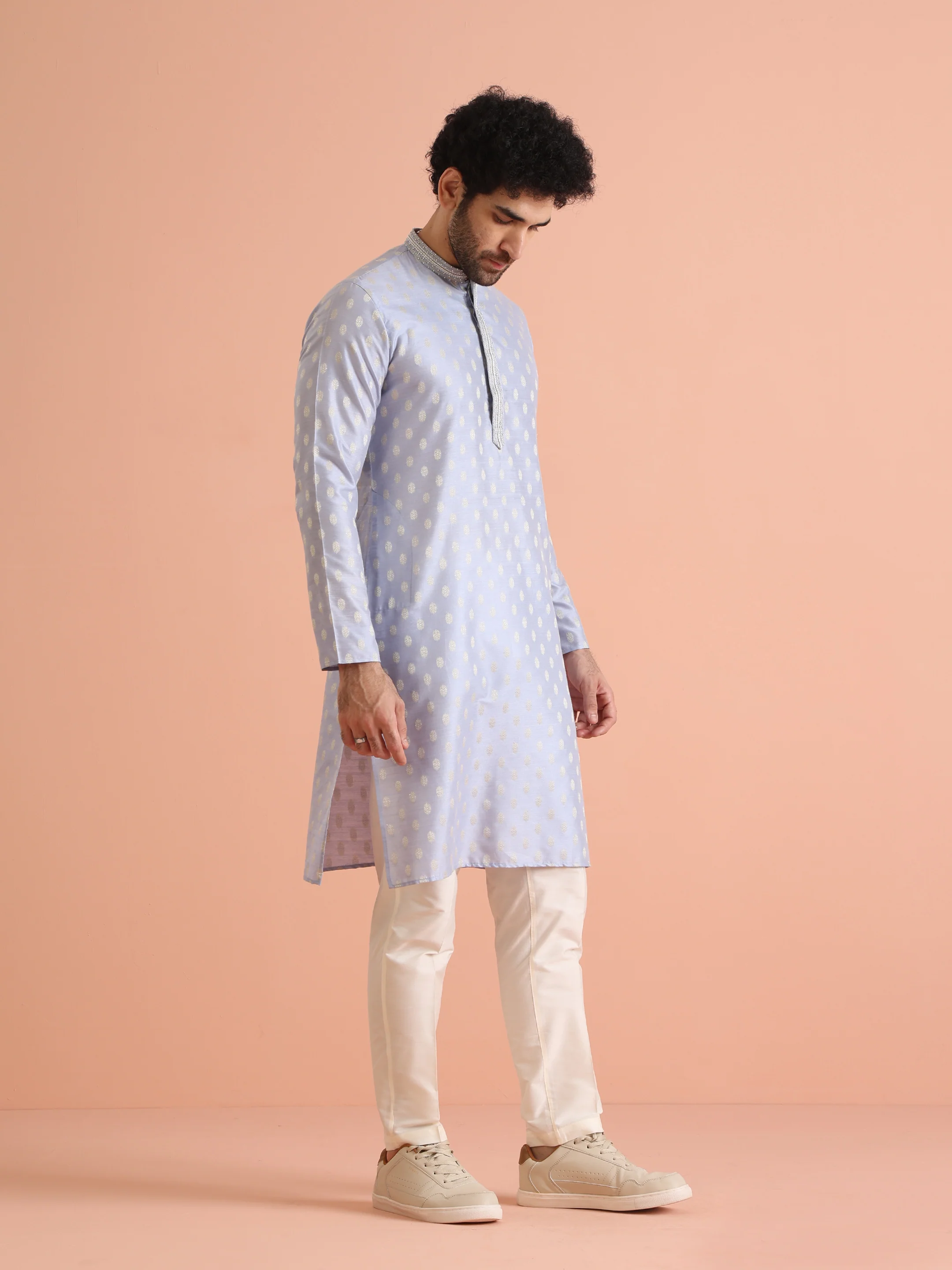 Men Blue Woven Design Kurta Trousers Set - Image 2