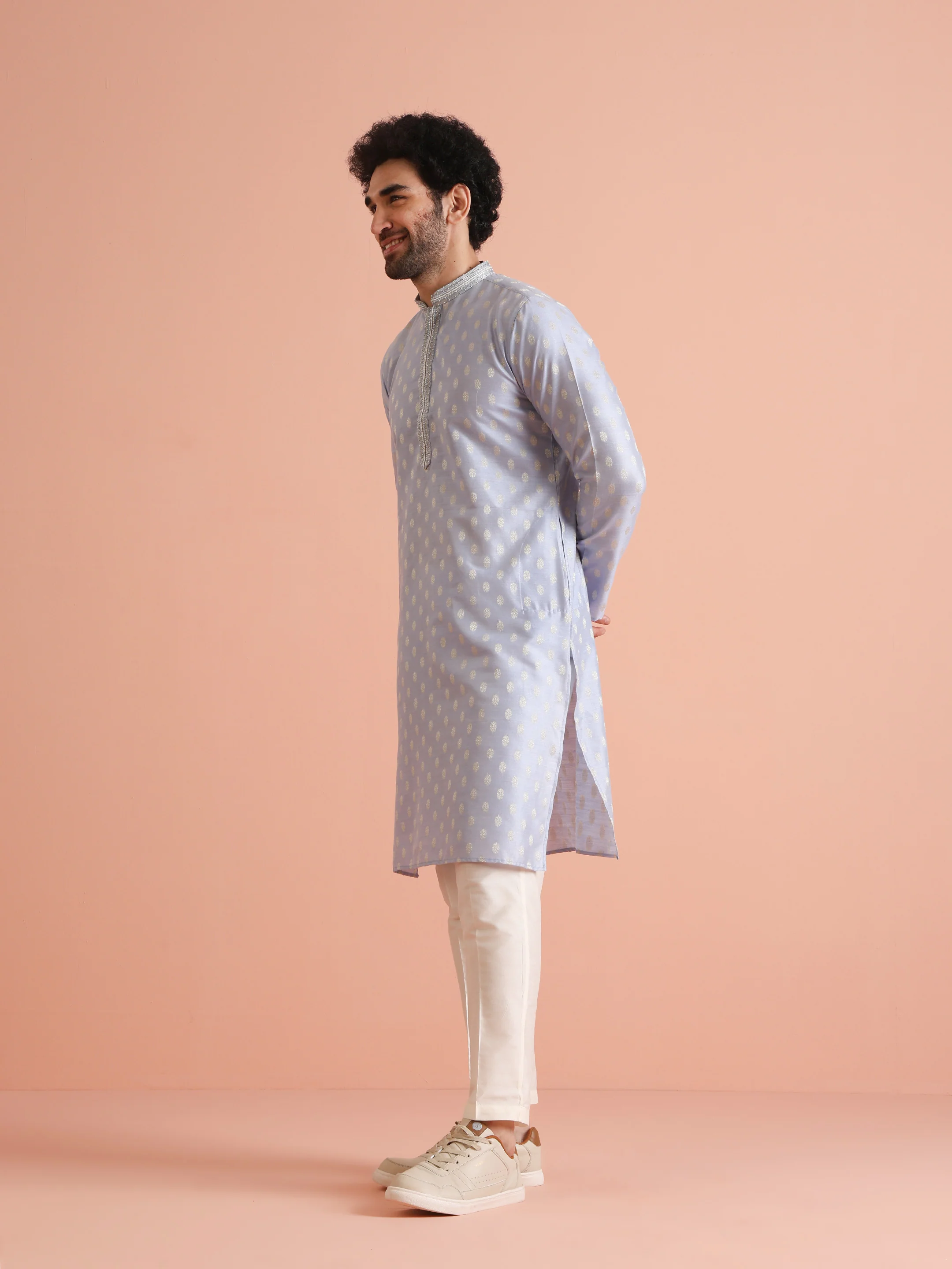 Men Blue Woven Design Kurta Trousers Set - Image 3