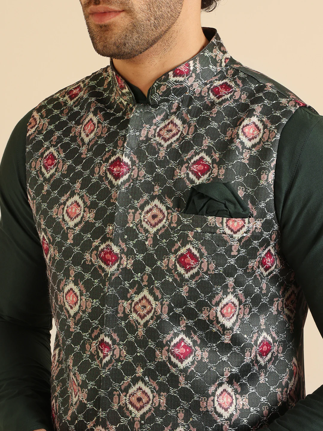 Bottle Green Printed Nehru Jacket Kurta Churidar - Image 6