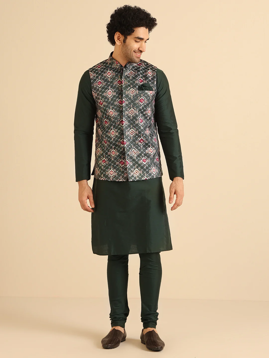 Bottle Green Printed Nehru Jacket Kurta Churidar - Image 8