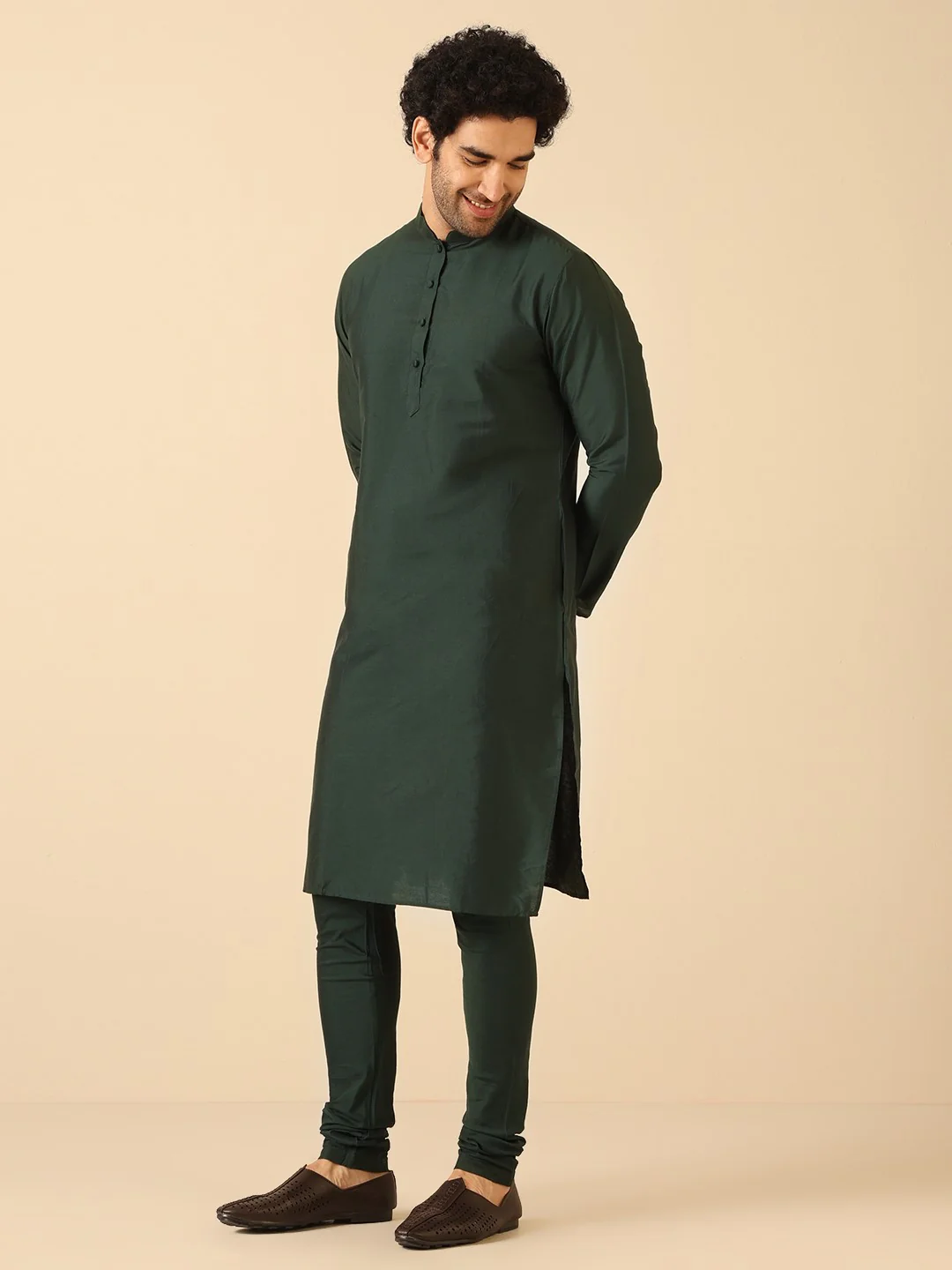 Green Silk Blend Solid Long Kurta - Image 3