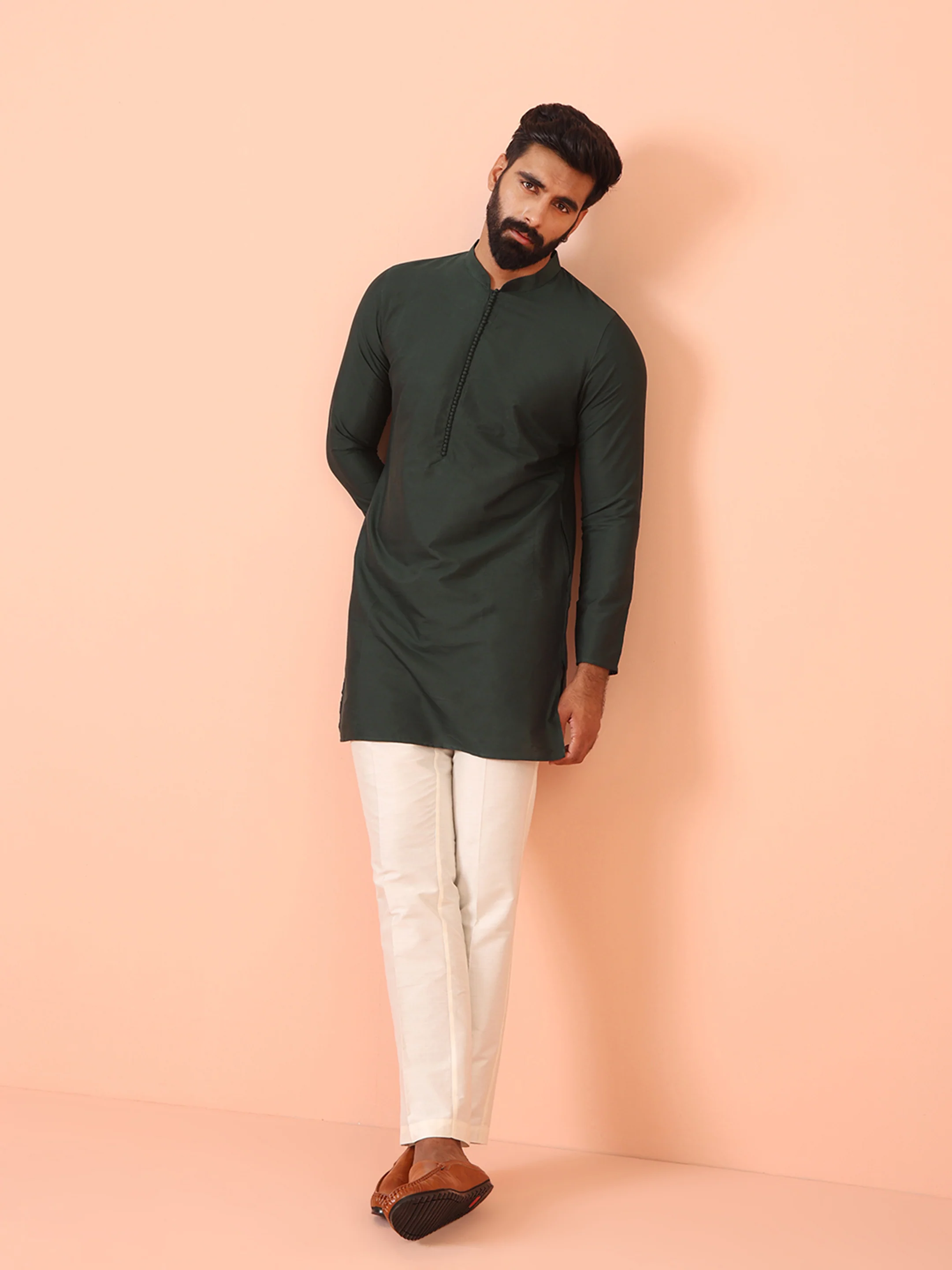 Dark Green Classic Straight Kurta with Mandarin Collar Festive Ethnic Wear - Image 6