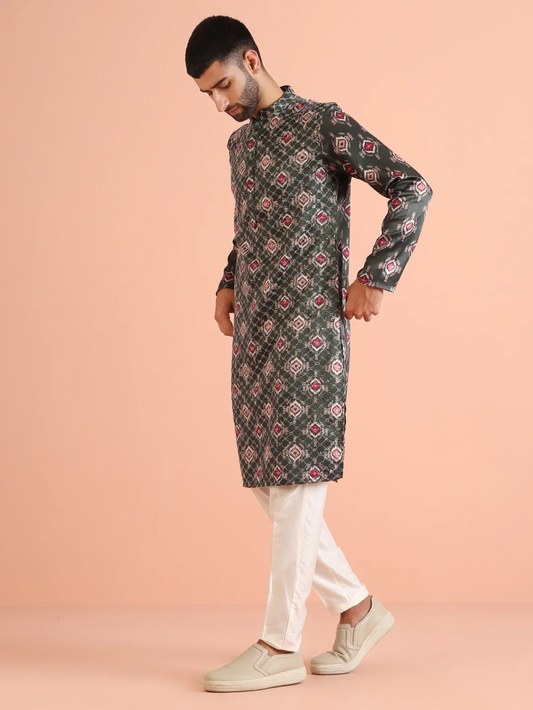 Dark Green Silk blend  Printed Kurta - Image 3