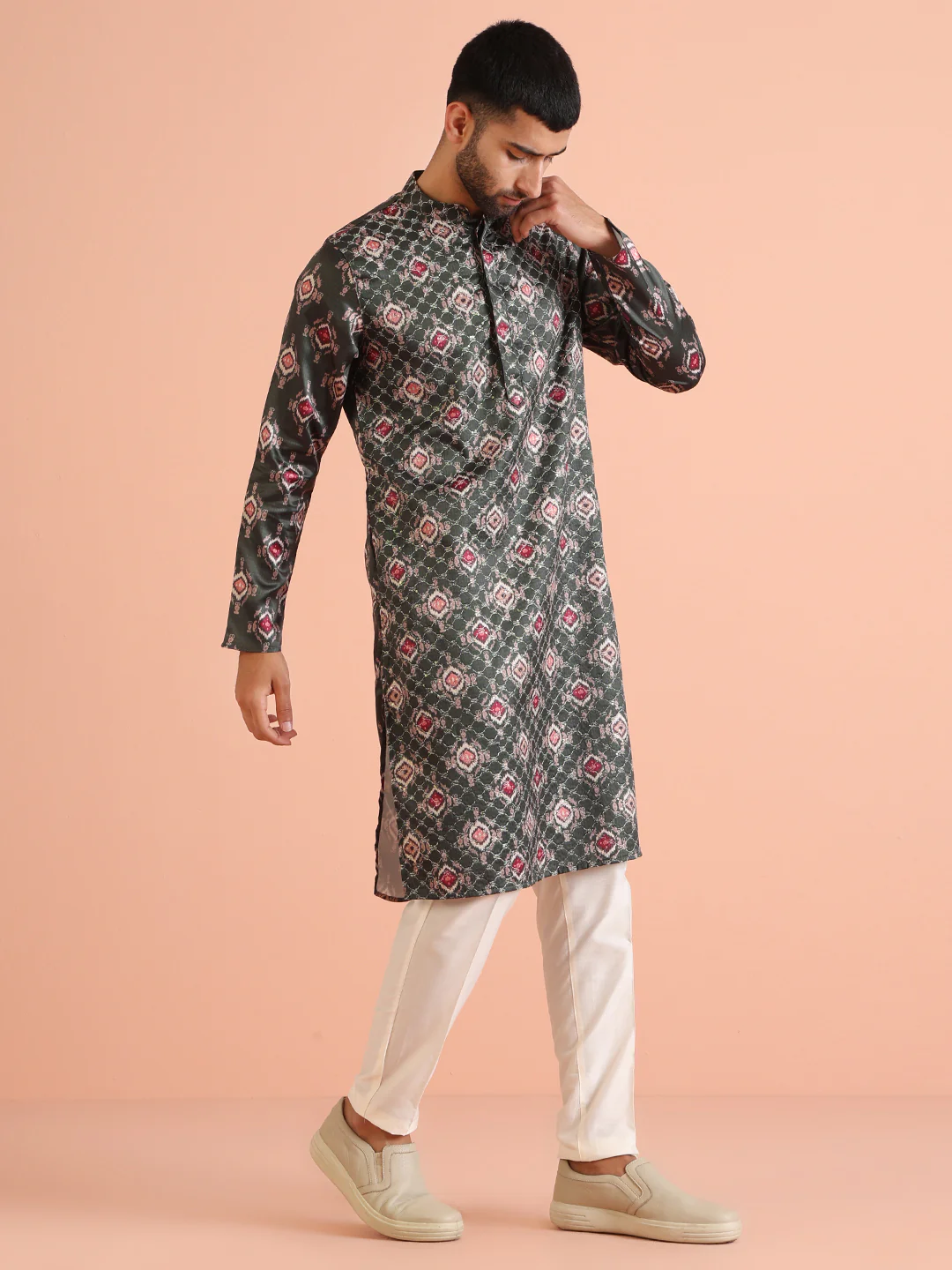 Men Bottle green Kurta Trouser Set - Image 3