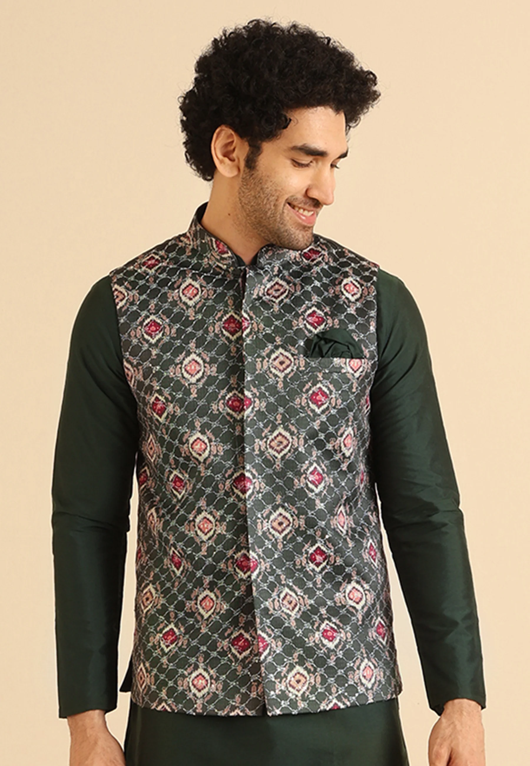 Green Cotton Silk Textured Printed Nehru Jacket