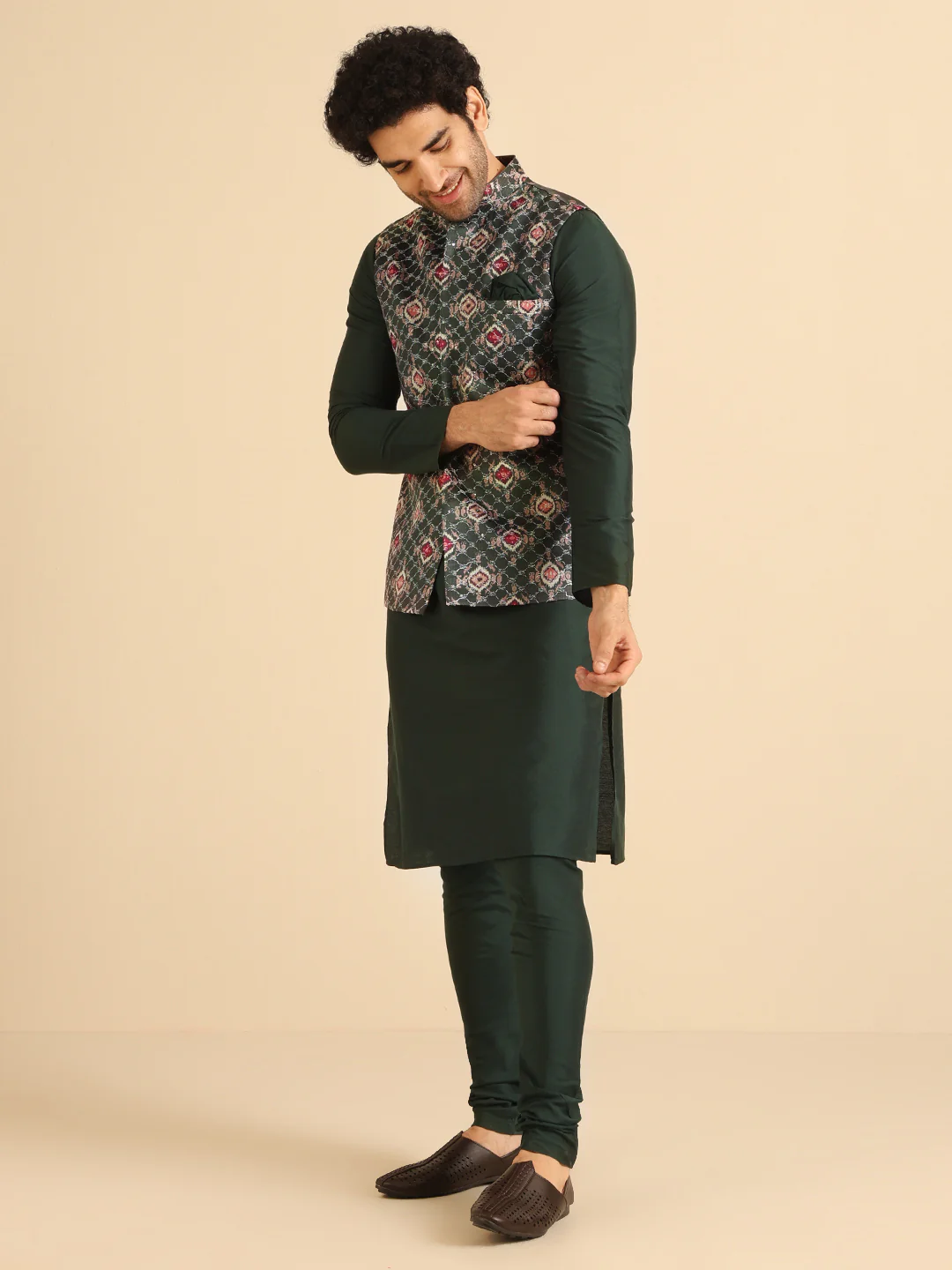 Green Cotton Silk Textured Printed Nehru Jacket - Image 2