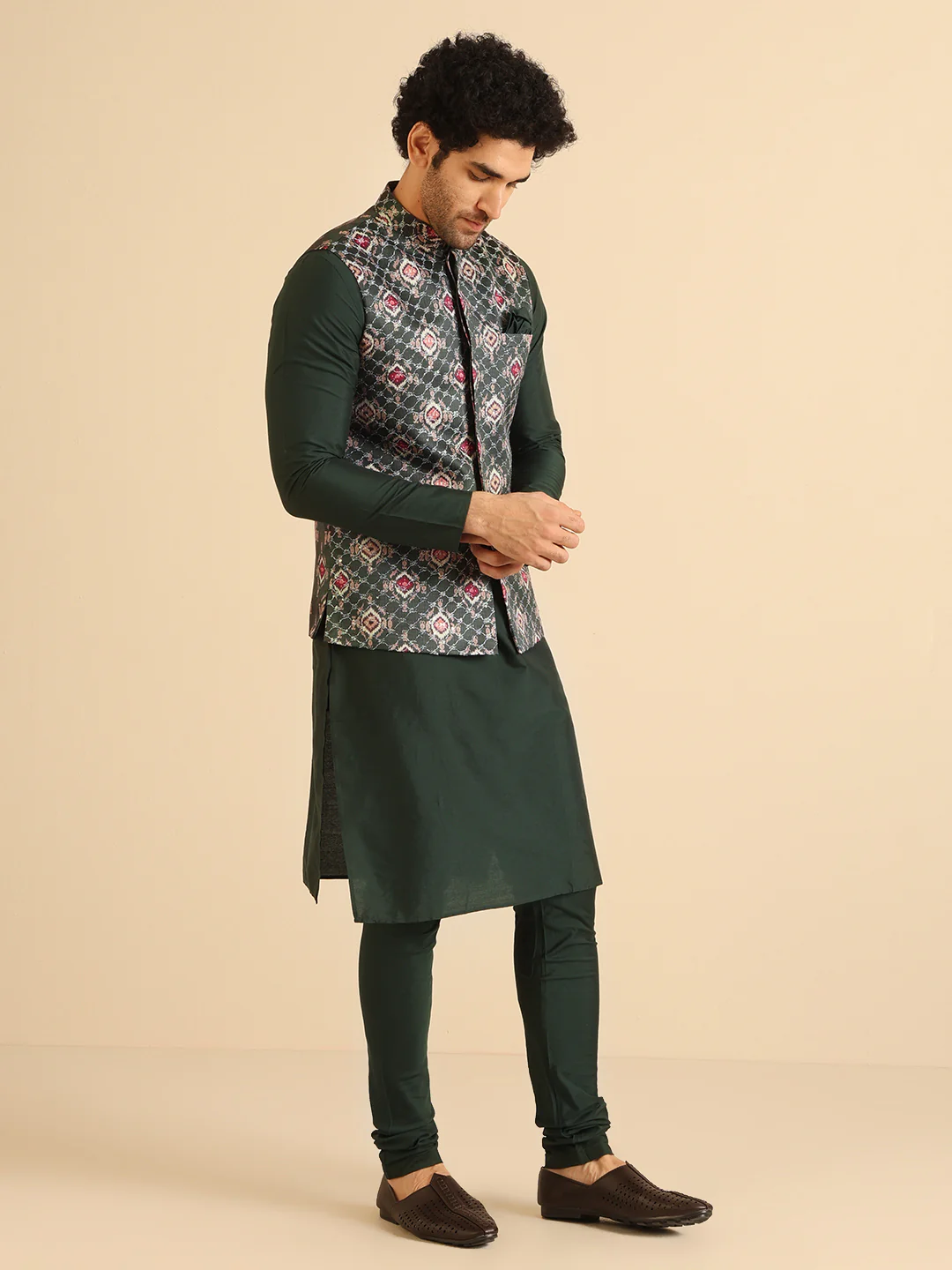 Green Cotton Silk Textured Printed Nehru Jacket - Image 3