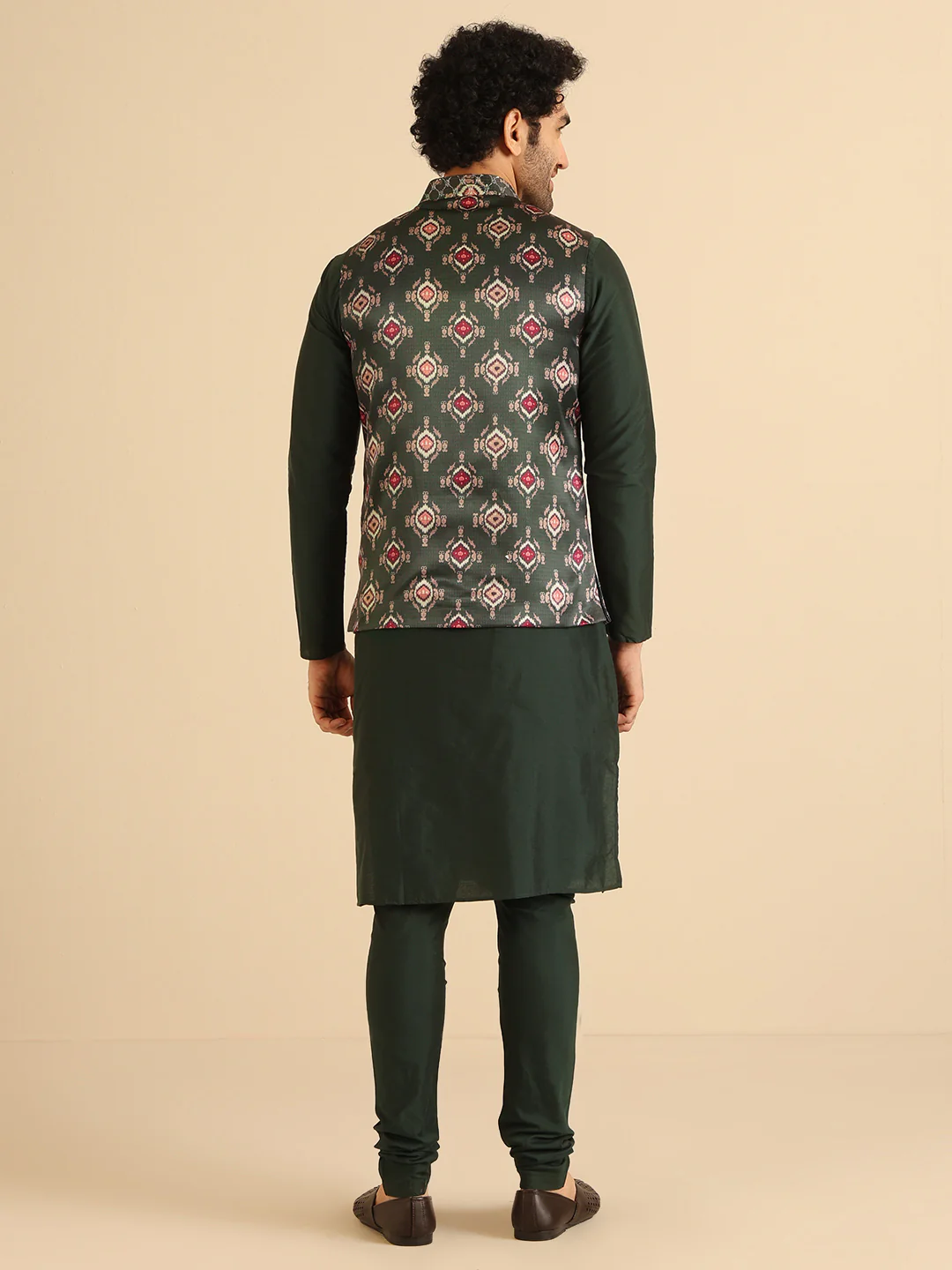 Green Cotton Silk Textured Printed Nehru Jacket - Image 4