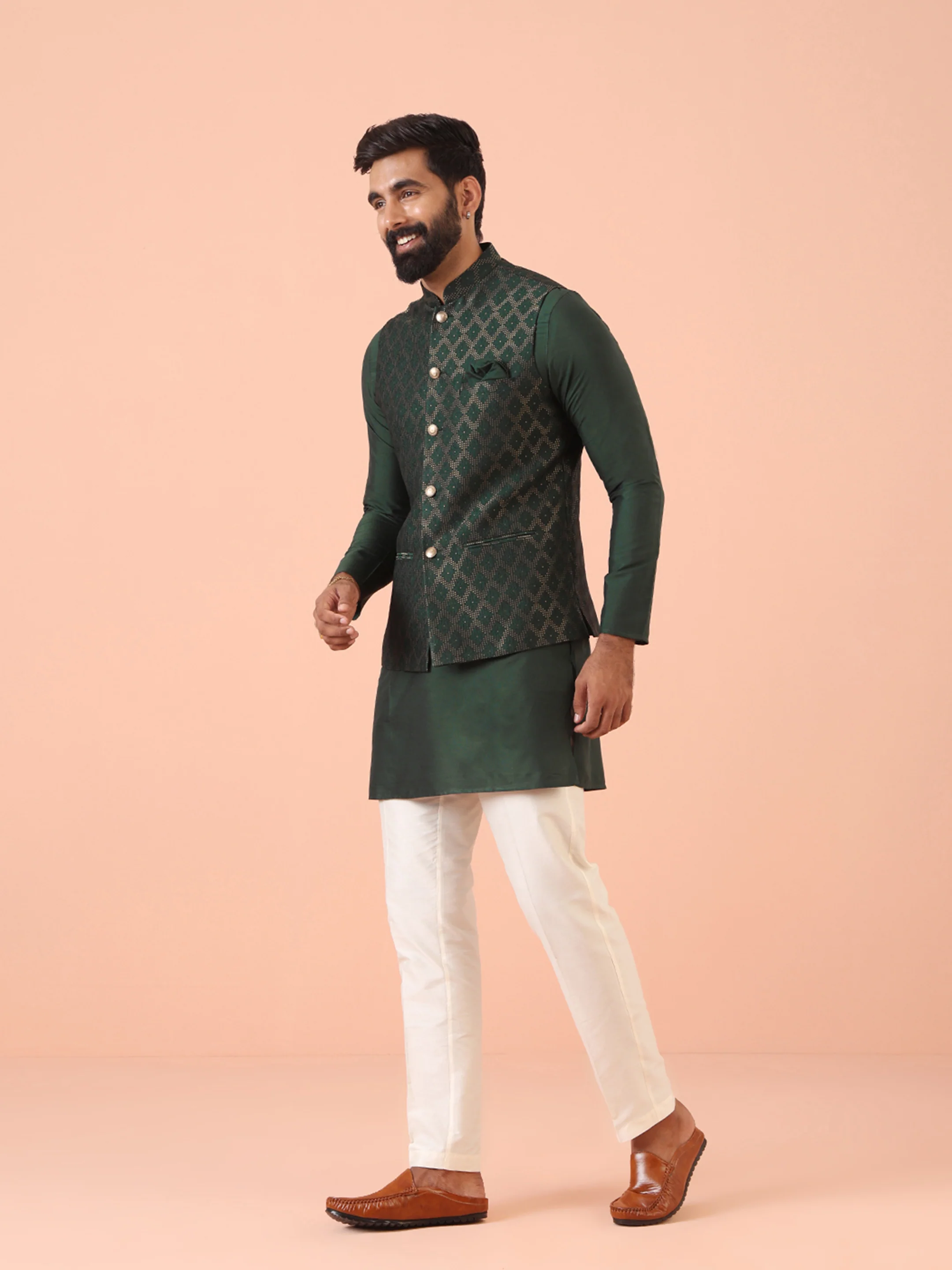 Green Silk Blend Jacquard Nehru Jacket - Image 3