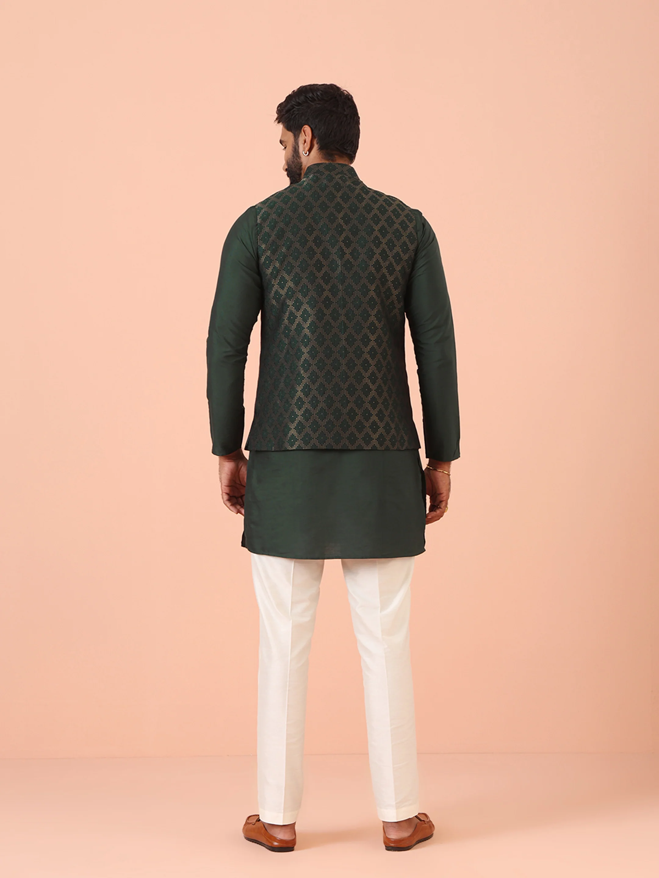 Green Silk Blend Jacquard Nehru Jacket - Image 5