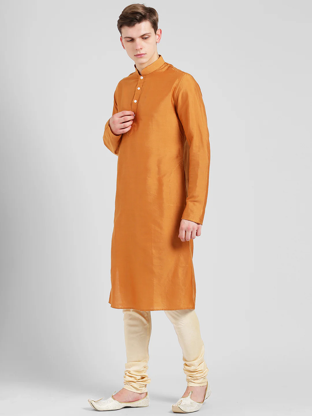 Orange Silk Blend Kurta Cream Churidar Set - Image 3