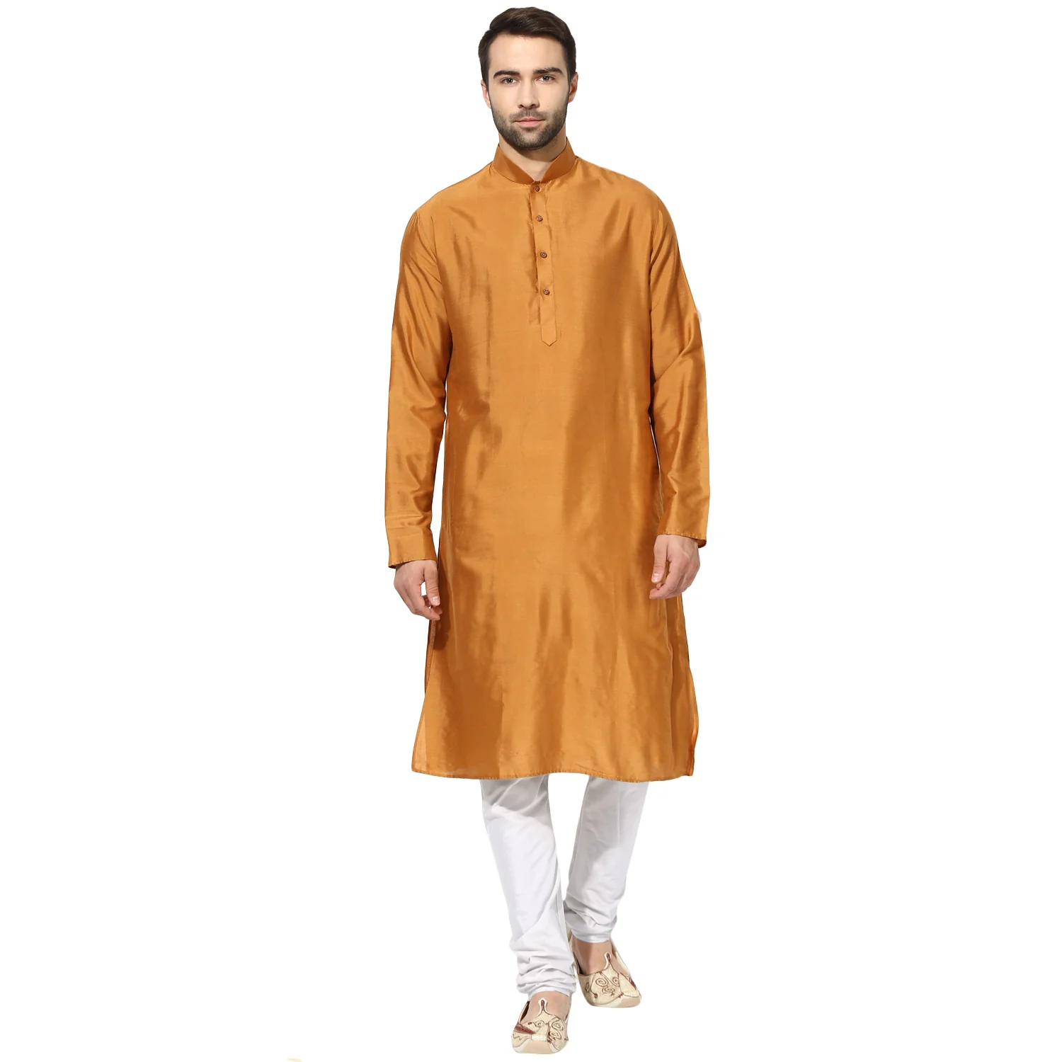 Mustard Silk Blend Kurta with White Churidar