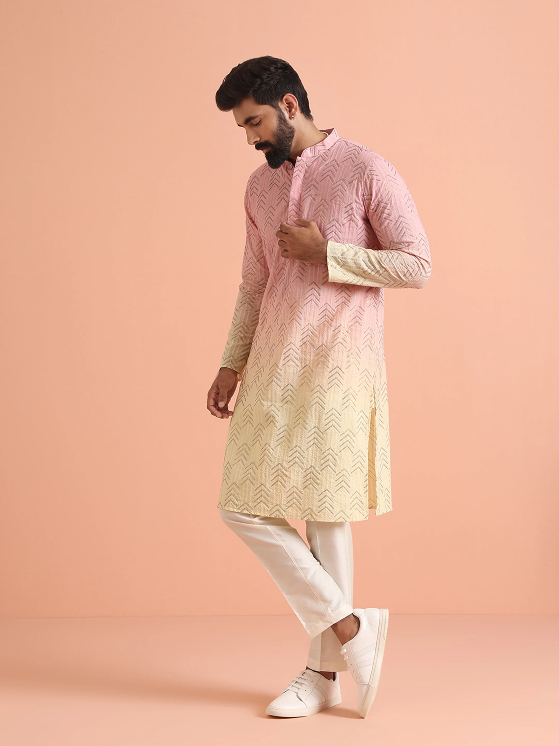 Pink to Cream Ombre Kurta with Geometric Print - Image 3