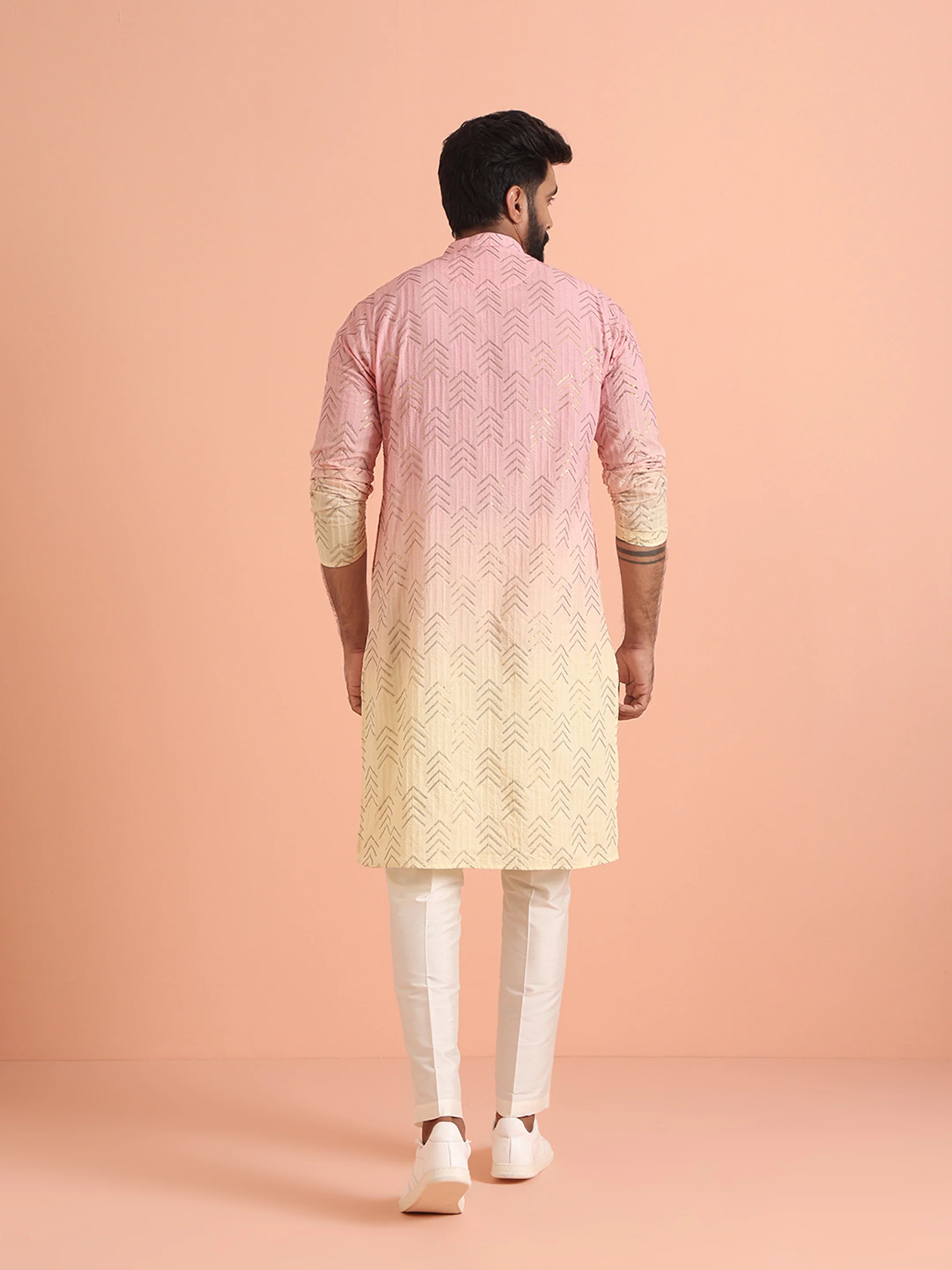 Pink to Cream Ombre Kurta with Geometric Print - Image 4
