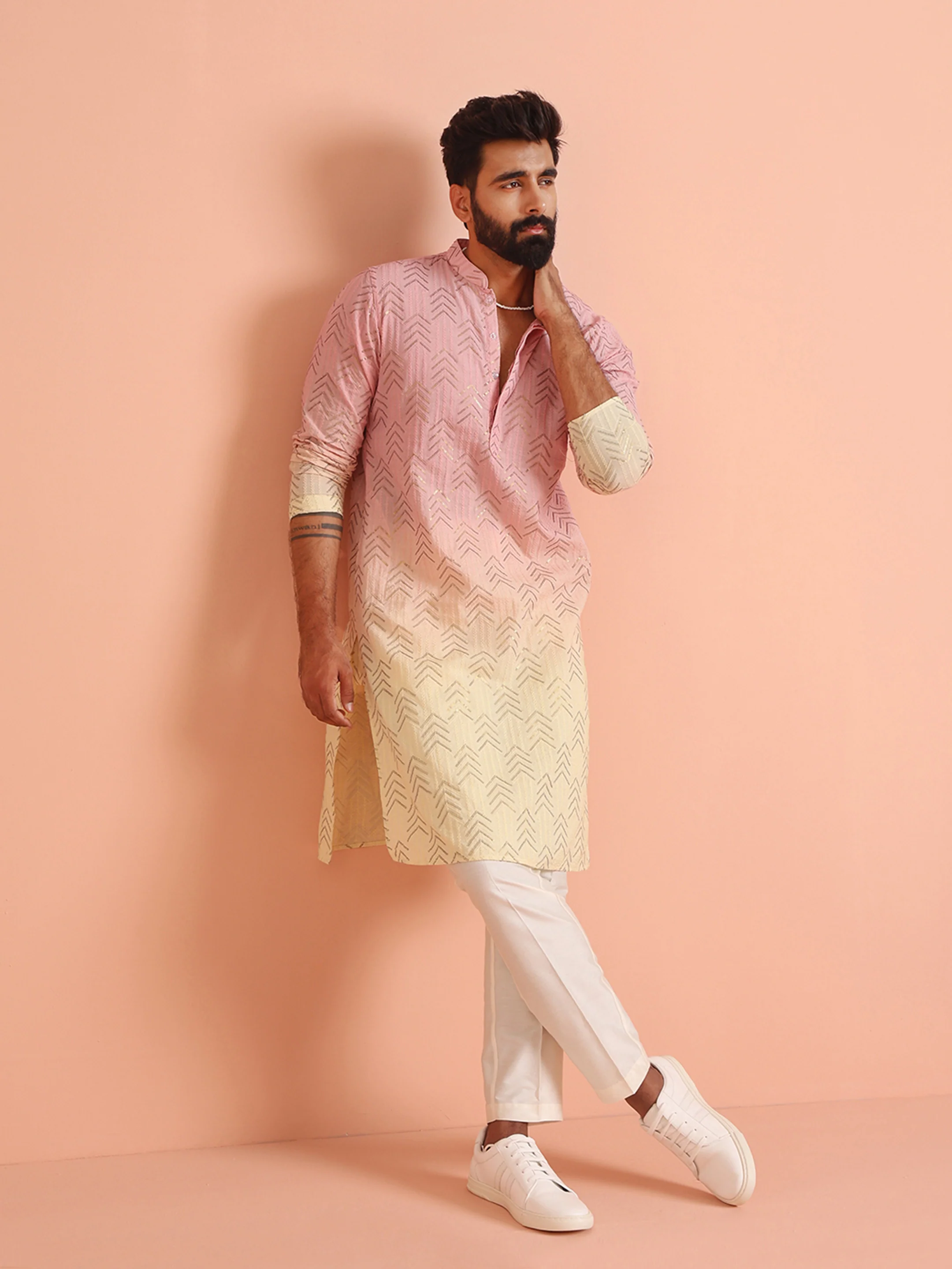 Pink to Cream Ombre Kurta with Geometric Print - Image 6
