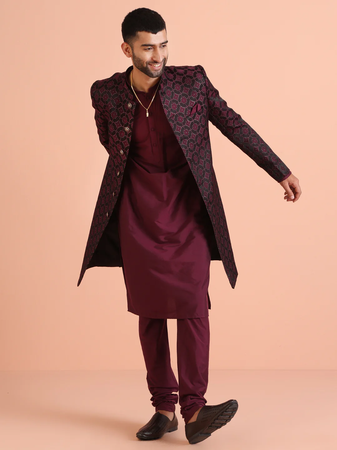 Black Purple Art Silk Embroidered Sherwani Achkan