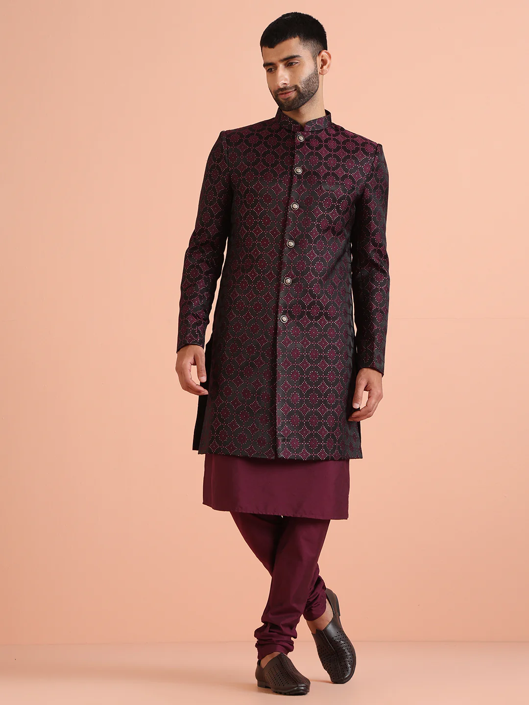 Black Purple Art Silk Embroidered Sherwani Achkan - Image 2